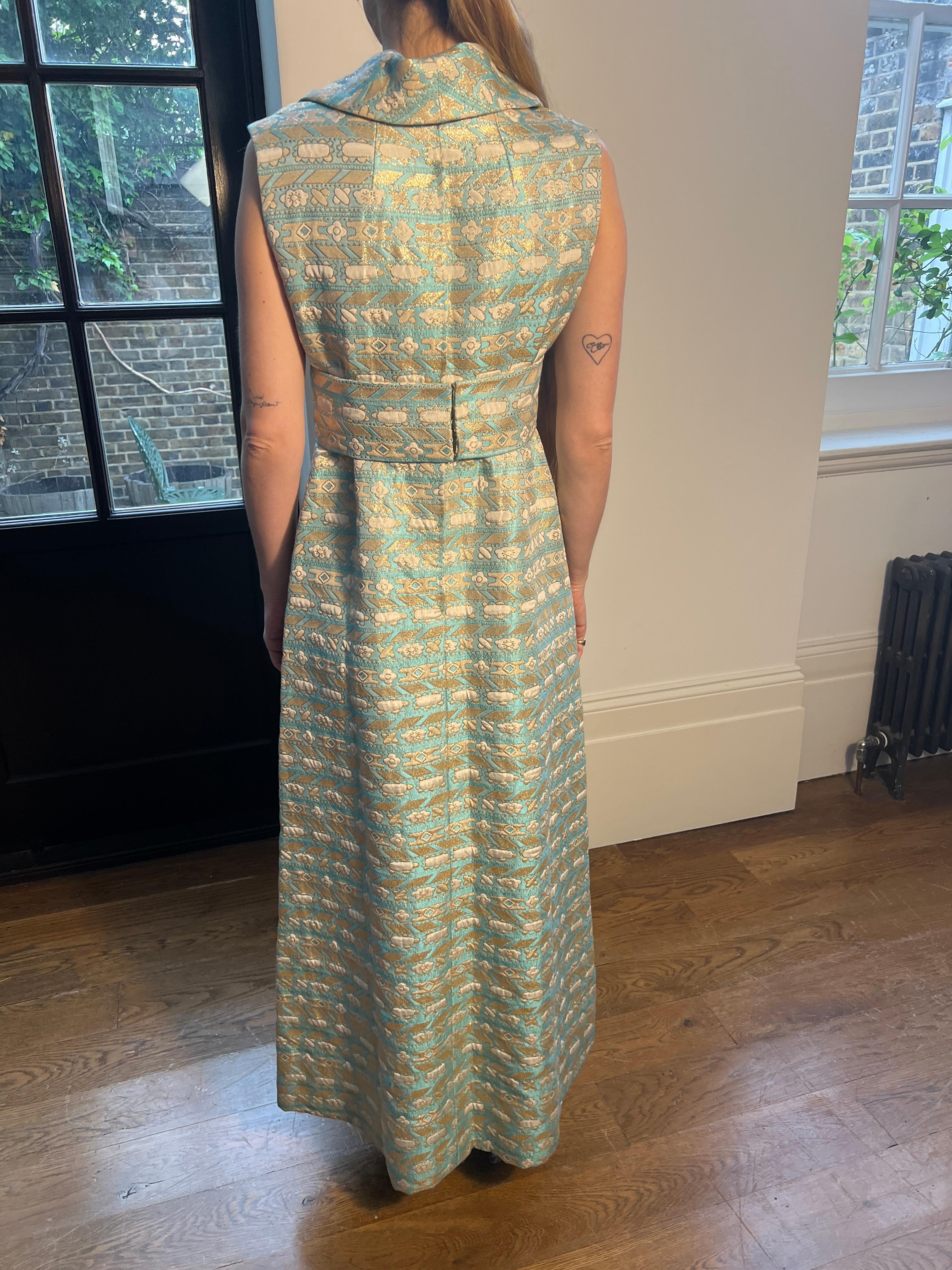 1960s Couture Turquoise and Gold Floral Lamé Maxi Dress For Sale 2