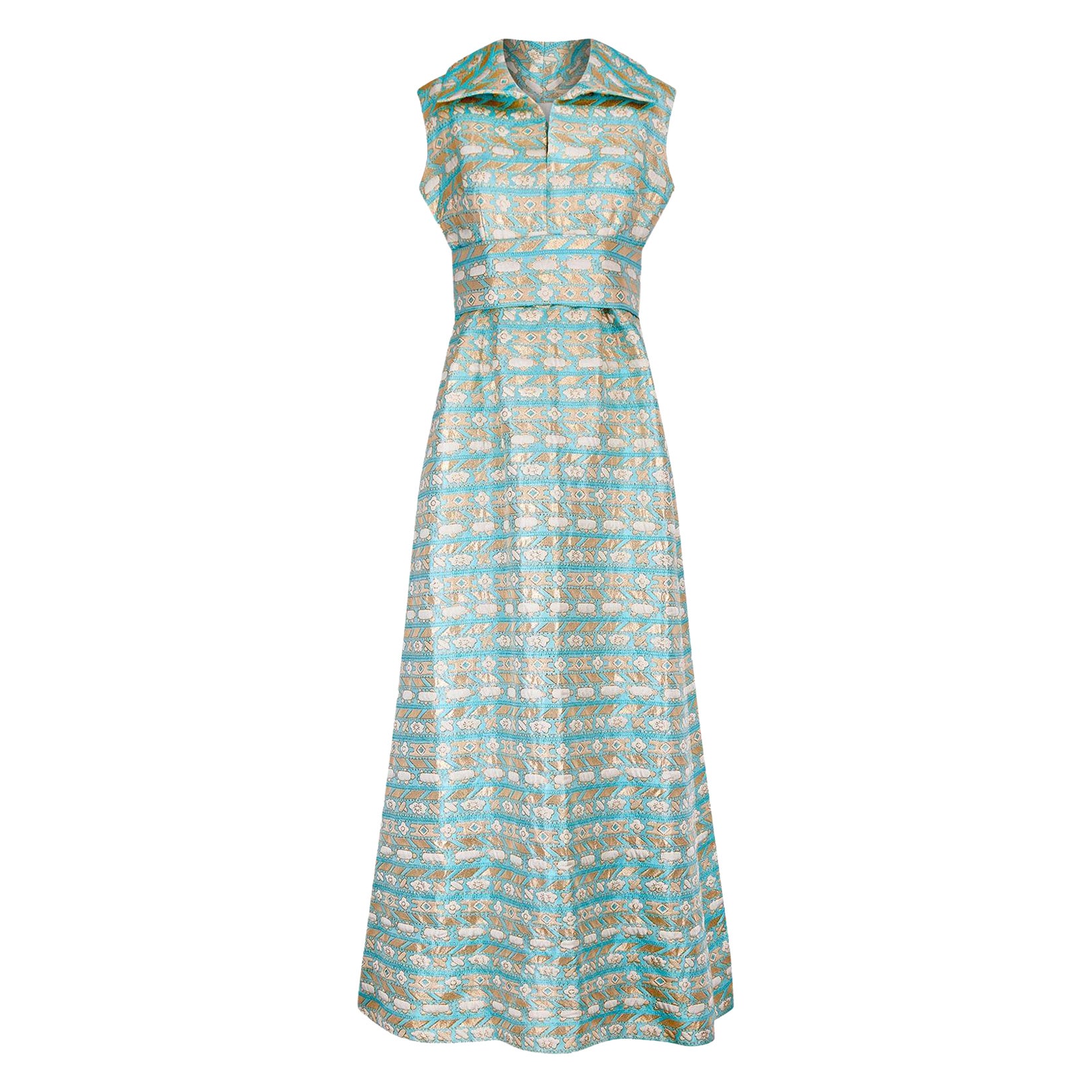 1960s Couture Turquoise and Gold Floral Lamé Maxi Dress