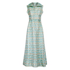 1960s Couture Turquoise and Gold Floral Lamé Maxi Dress