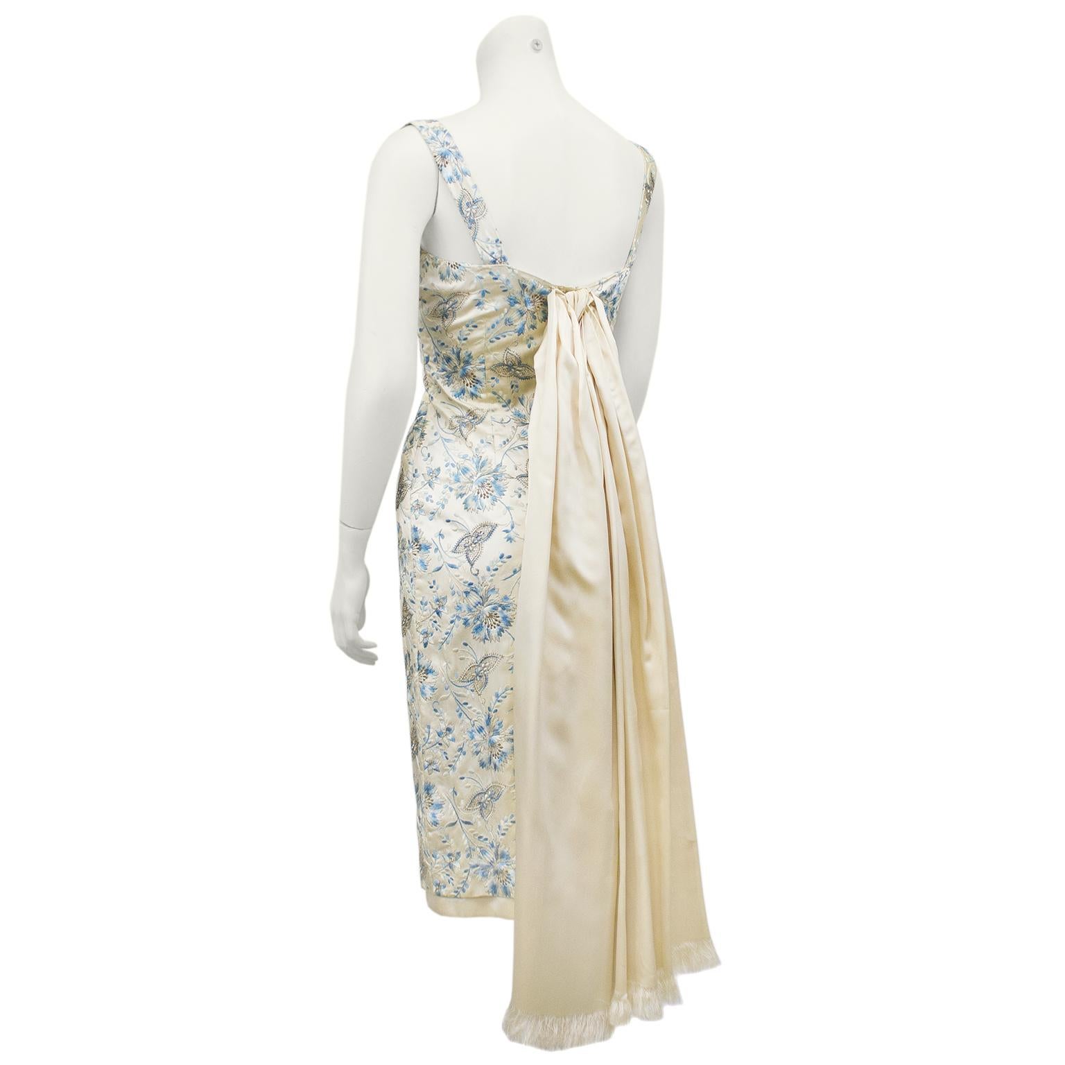 White 1960s Cream and Blue Floral Embroidered Satin Cocktail Dress