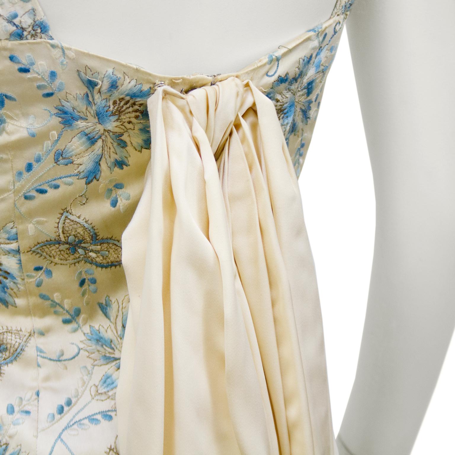 Women's 1960s Cream and Blue Floral Embroidered Satin Cocktail Dress