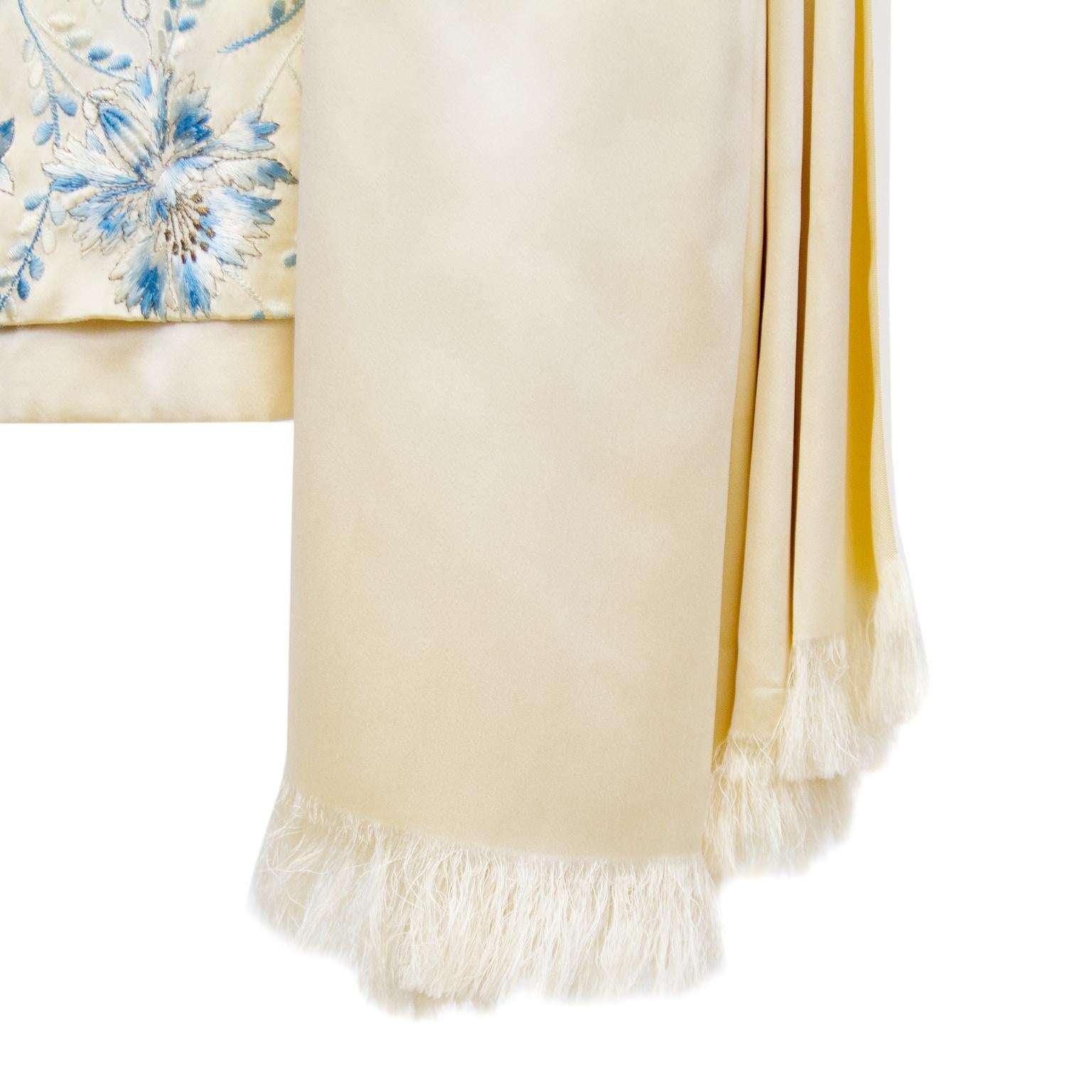 1960s Cream and Blue Floral Embroidered Satin Cocktail Dress 1