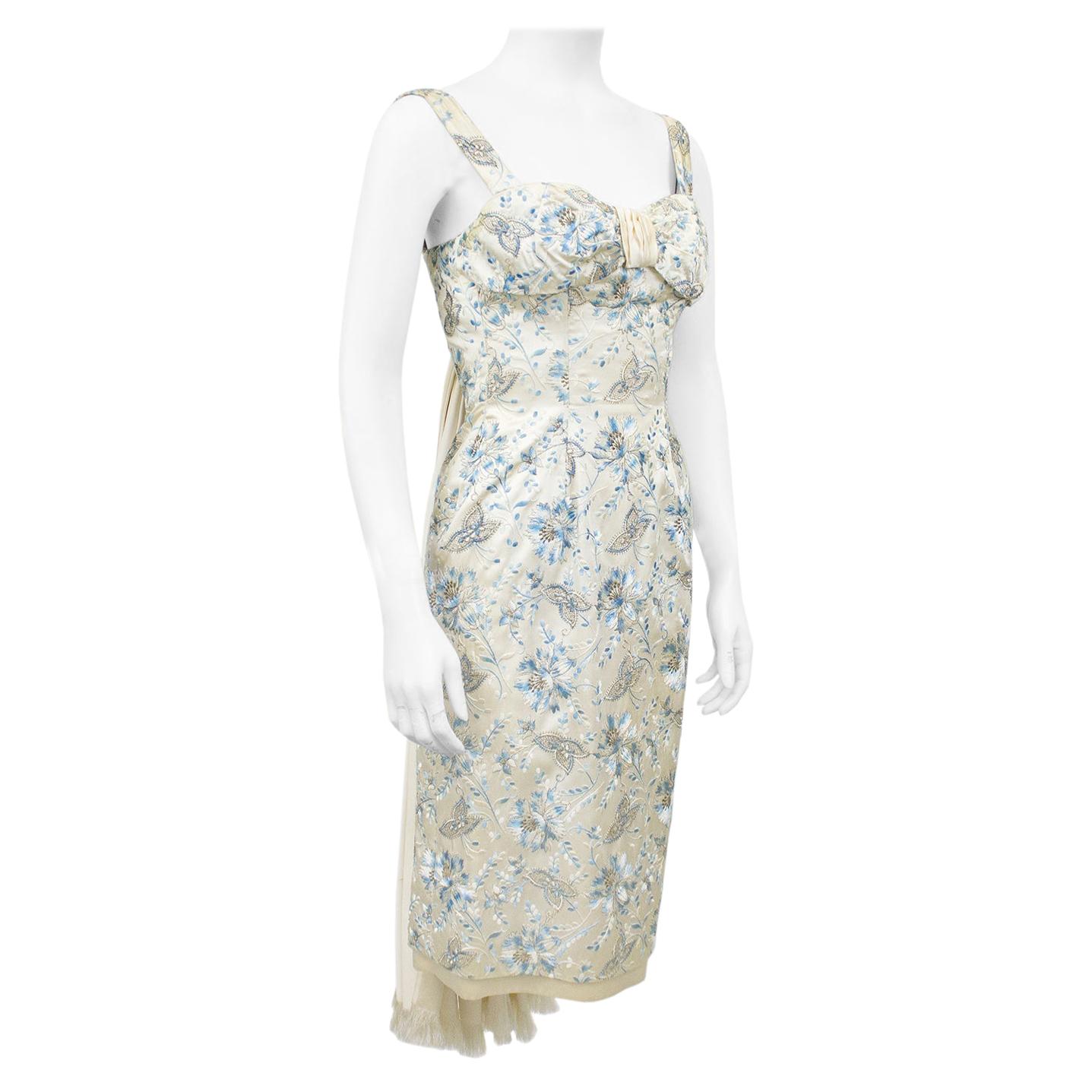 1960s Cream and Blue Floral Embroidered Satin Cocktail Dress