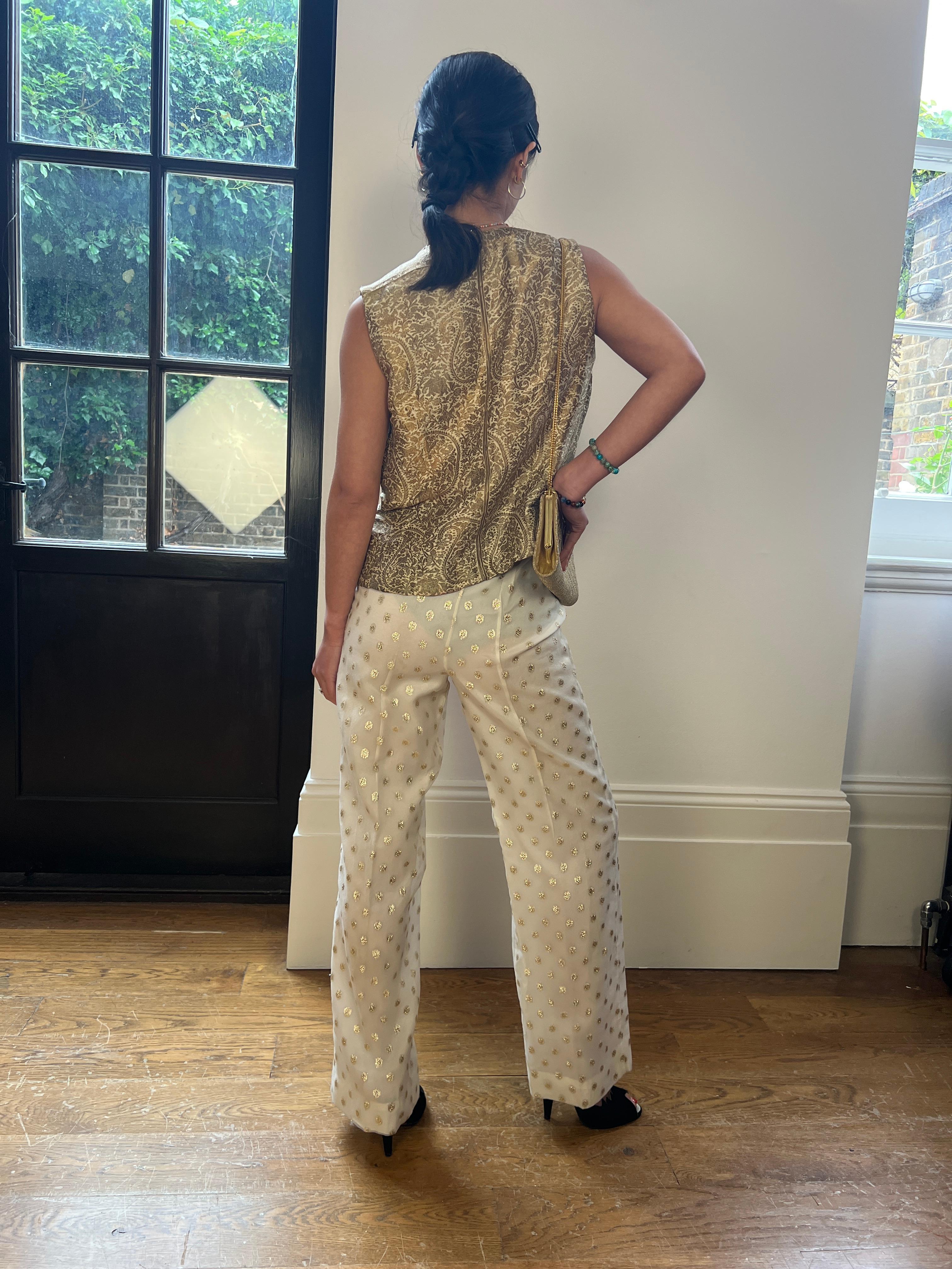 1960s Cream and Gold Lame Textured Trousers For Sale 2