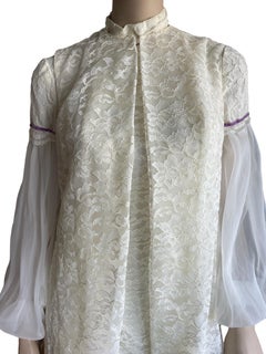 1960s Cream Lace Mini Dress with Bishop Sleeves and Vest