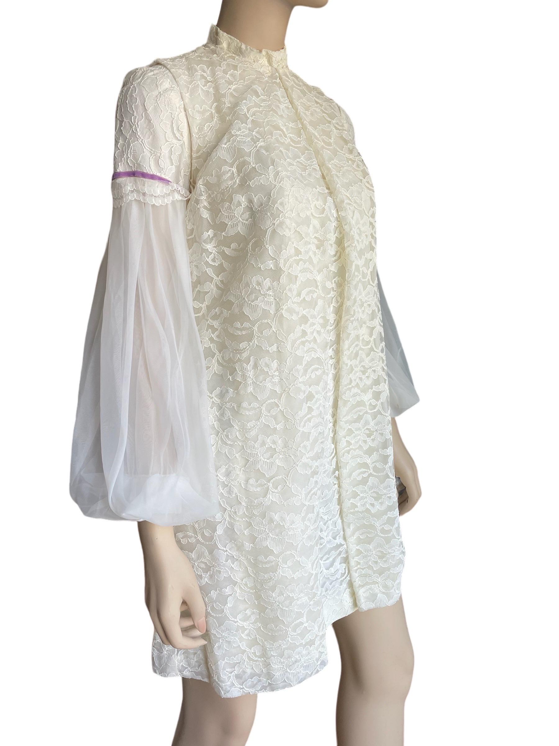 1960s Cream Lace Mini Dress with Bishop Sleeves and Vest  In Good Condition For Sale In Greenport, NY
