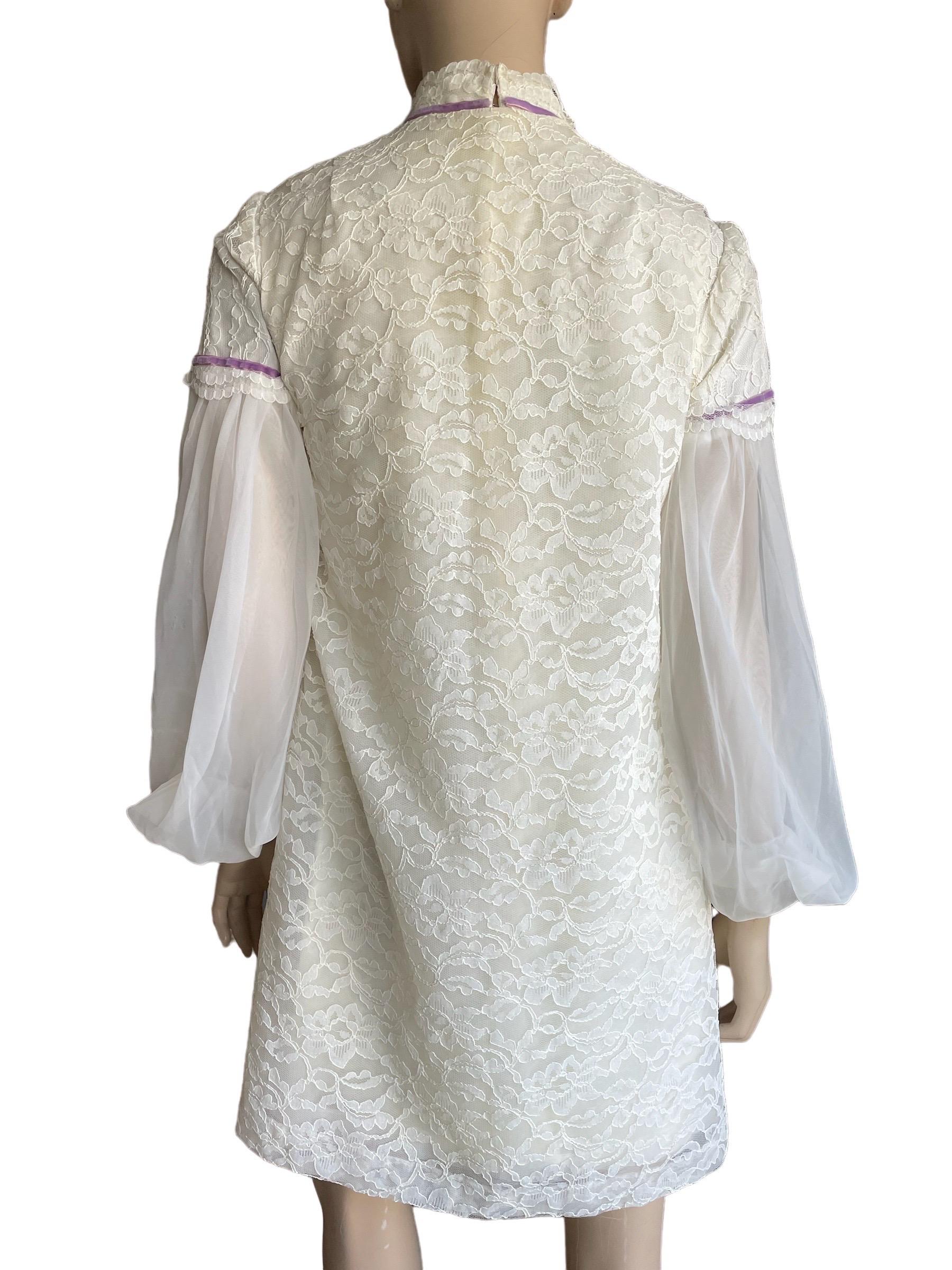 1960s Cream Lace Mini Dress with Bishop Sleeves and Vest  For Sale 1