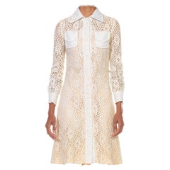 1960S Cream Linen & Cotton Lace Long Sleeved Shirt Dress With Belt