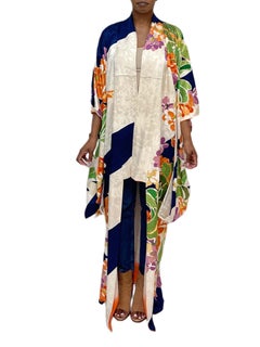 1960S Cream, Navy Blue Multicolored Floral Japanese Silk Kimono