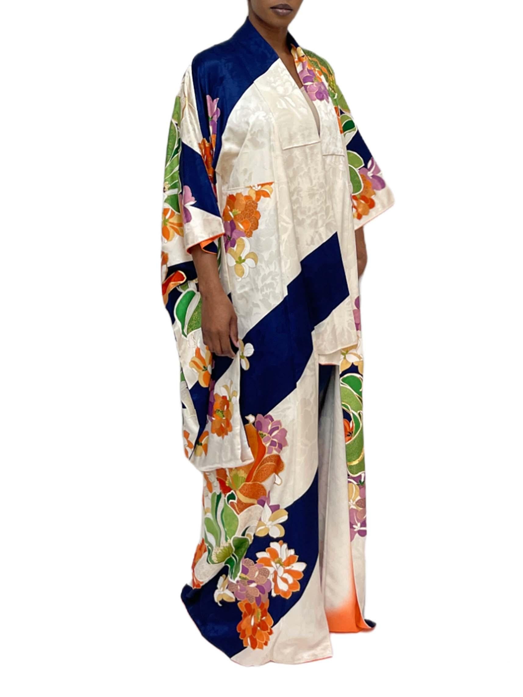 1960S Cream, Navy Blue Multicolored Floral Japanese Silk Kimono 1