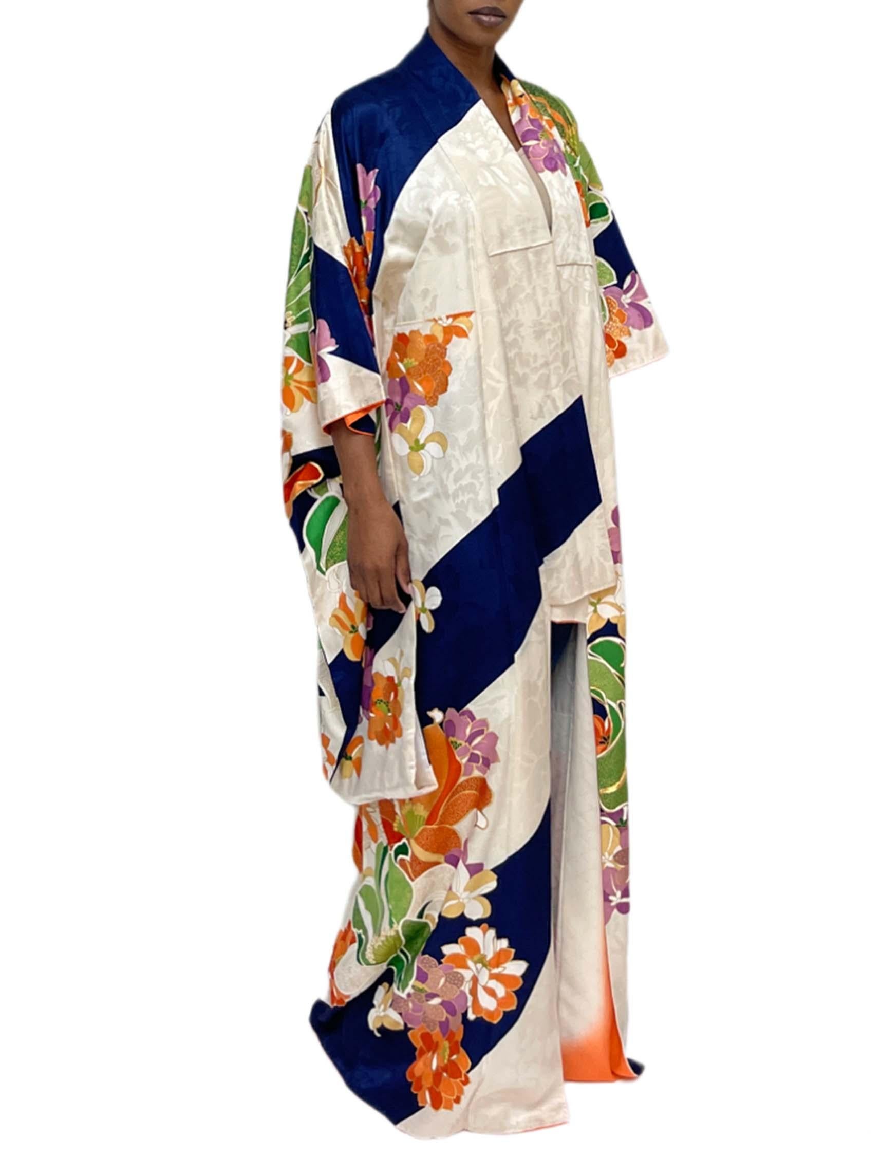 1960S Cream, Navy Blue Multicolored Floral Japanese Silk Kimono 2