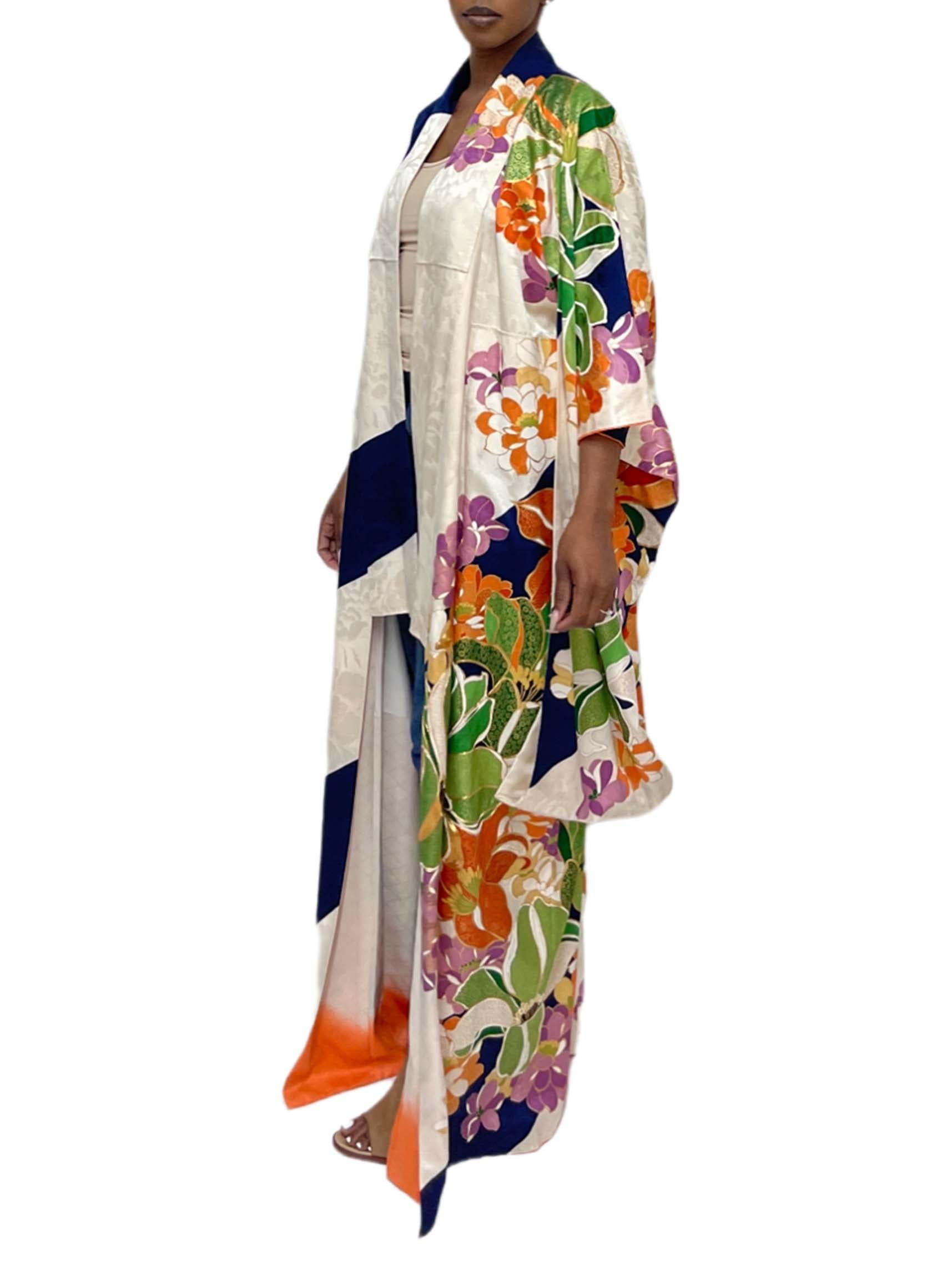 1960S Cream, Navy Blue Multicolored Floral Japanese Silk Kimono 3