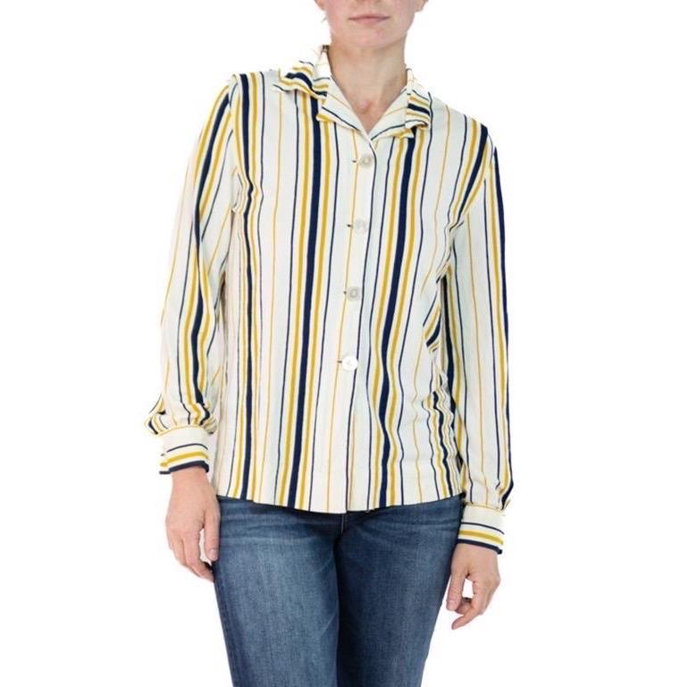 1960S Cream Nylon Acetate Terri Cloth Jersey Blue & Yellow Striped Top In Excellent Condition For Sale In New York, NY