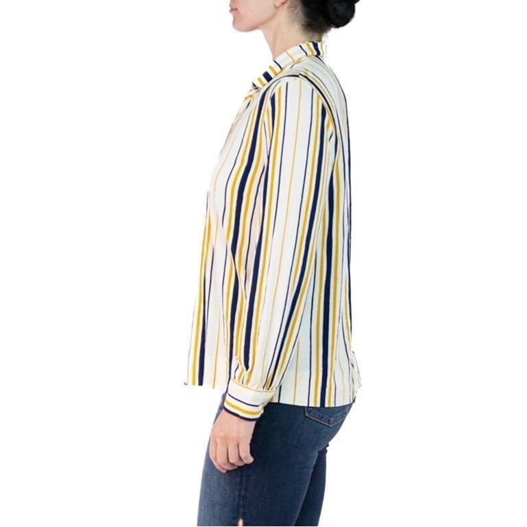 Women's or Men's 1960S Cream Nylon Acetate Terri Cloth Jersey Blue & Yellow Striped Top For Sale