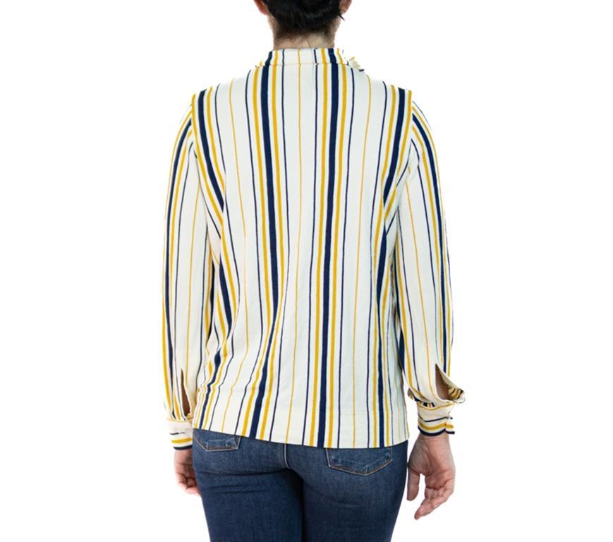 1960S Cream Nylon Acetate Terri Cloth Jersey Blue & Yellow Striped Top For Sale 2
