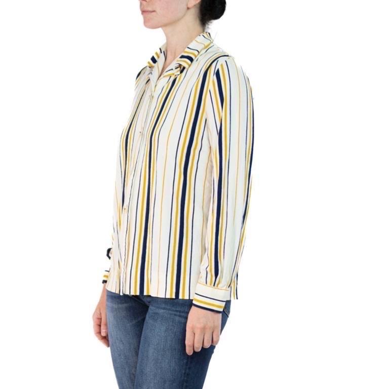 1960S Cream Nylon Acetate Terri Cloth Jersey Blue & Yellow Striped Top For Sale 3