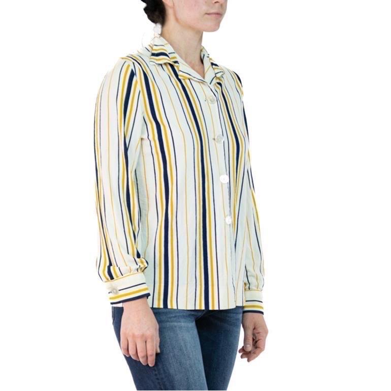 1960S Cream Nylon Acetate Terri Cloth Jersey Blue & Yellow Striped Top For Sale 4