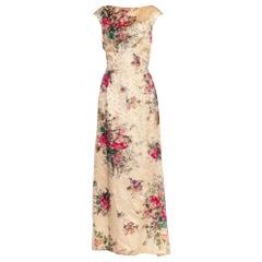 Vintage 1960S Cream & Pink Silk Lamé Brocade Floral Gown