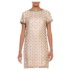 1960S Cream Poly/Lurex Lace Silver Polka Dot Beaded Dress With Jeweled Sleeves