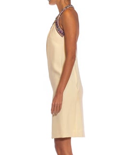 1960S Cream Rayon Blend Crepe Purple Crystal Collar Beaded Mod Mini Cocktail Dre