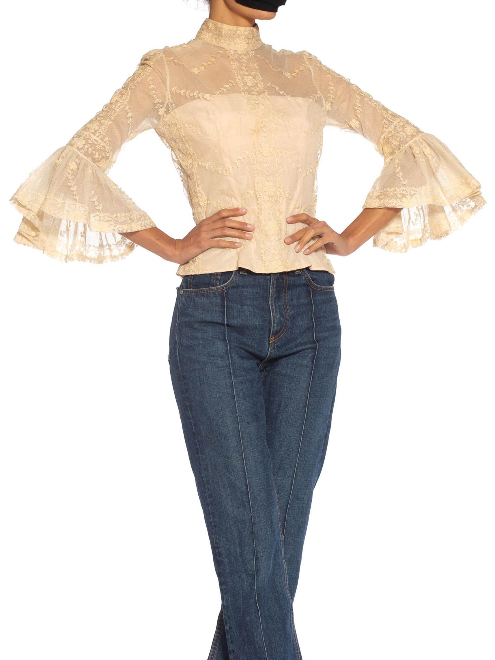 Top in seta e cotone crema degli anni '60 realizzato con pizzo antico in vendita 3