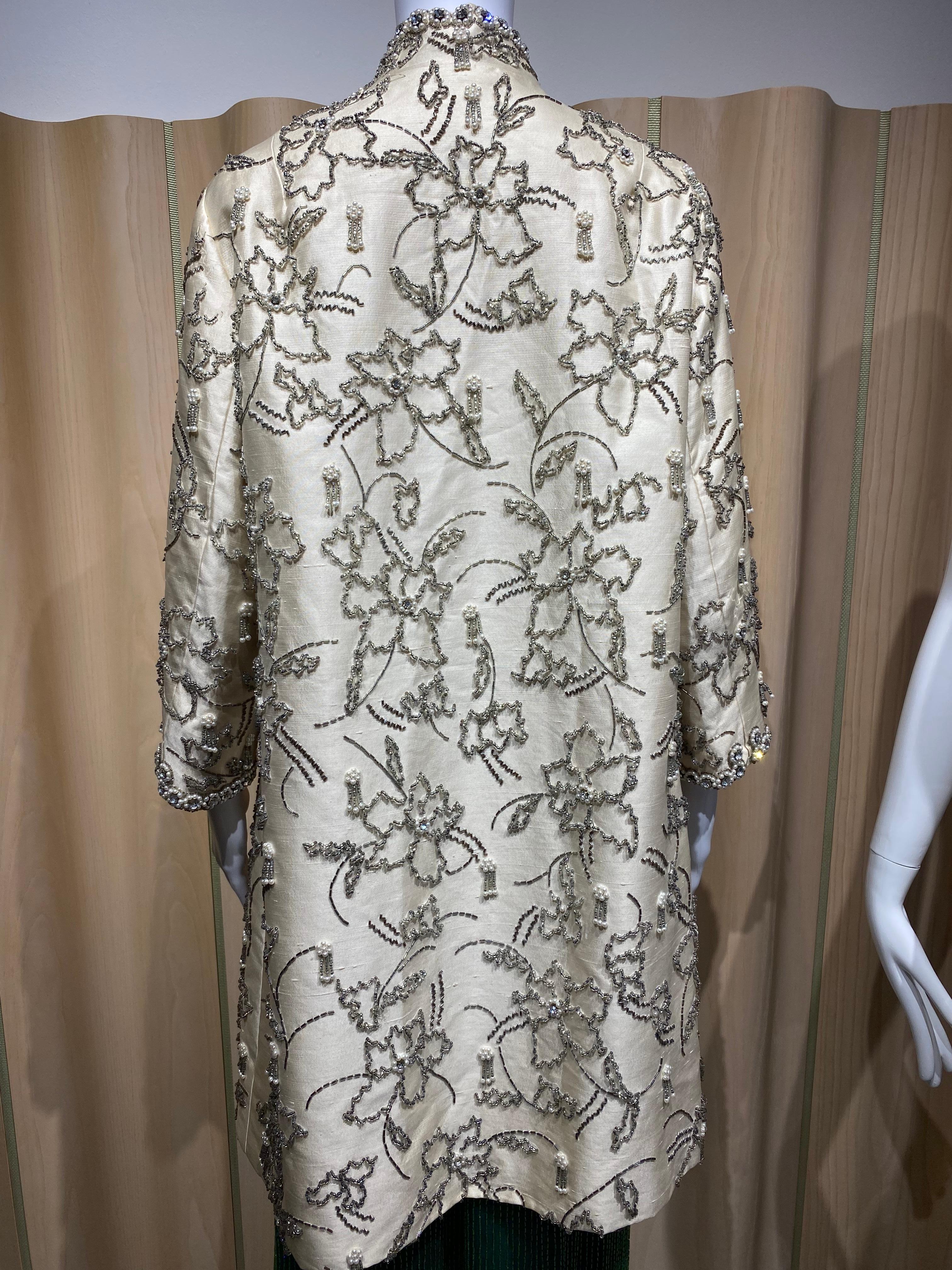 Women's 1960s Cream Silk Embellished Beaded  Coat For Sale