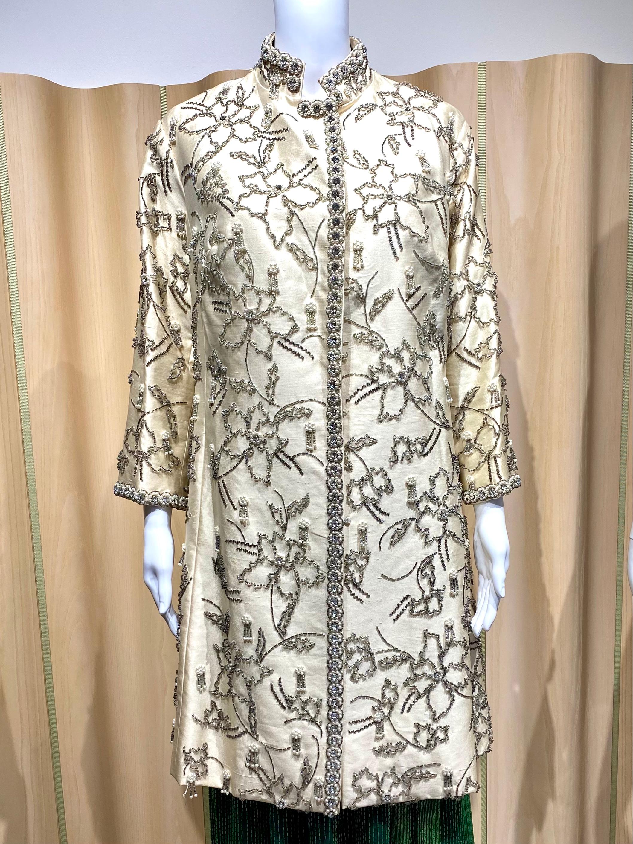 1960s Cream Silk Embellished Beaded  Coat For Sale 1