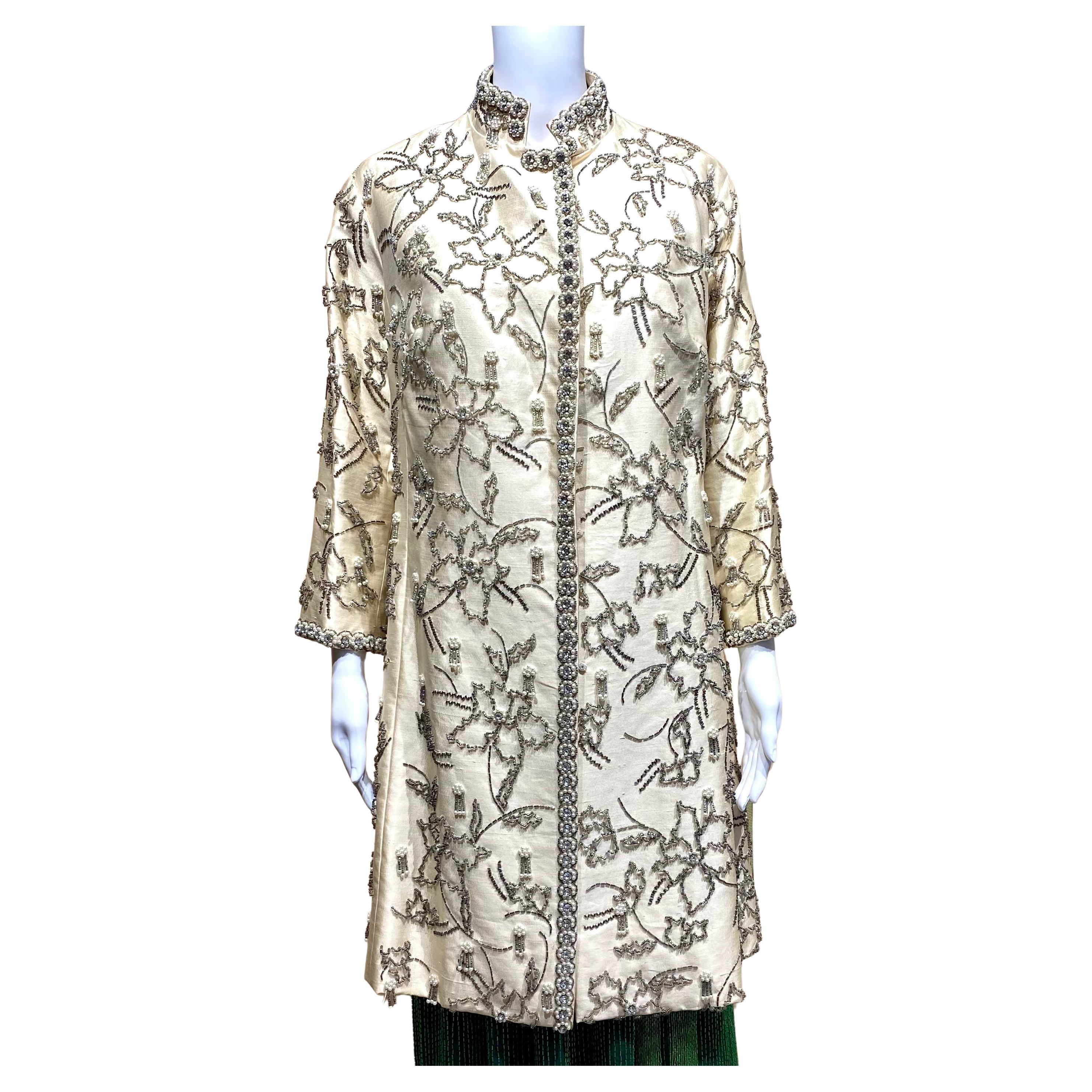 1960s Cream Silk Embellished Beaded  Coat For Sale