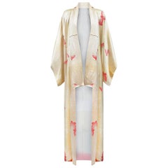 Vintage 1960s Cream Silk Kimono With Pale Pink Butterfly Print