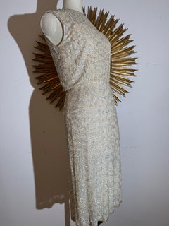 1960s Cream Structured Sheath Dress w Heavily Beaded & Sequined Chiffon Overlay