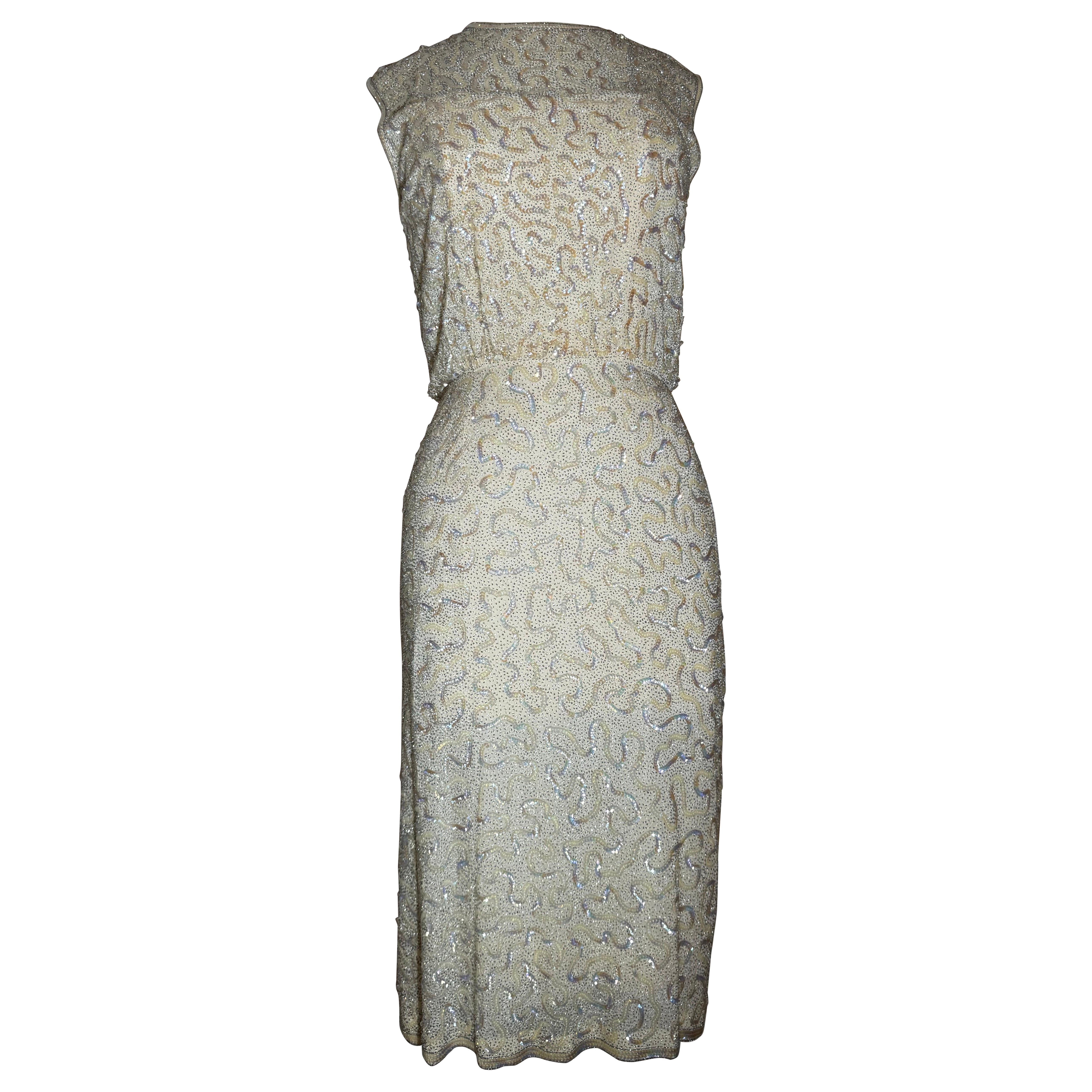 1960s Cream Structured Sheath Dress w Heavily Beaded & Sequined Chiffon Overlay