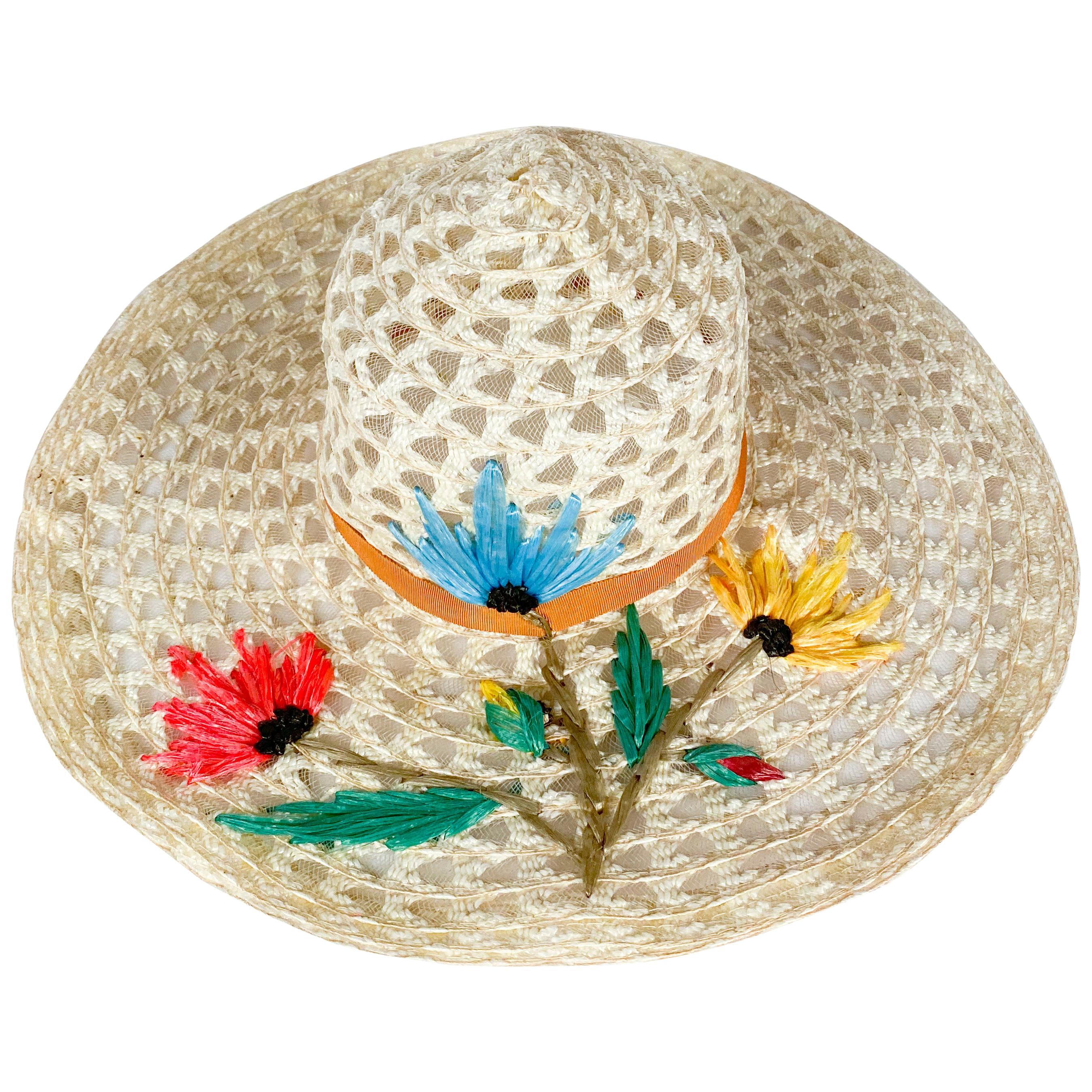 1960s Creme Raffia Beach Hat with Raffia Flower Embroidery