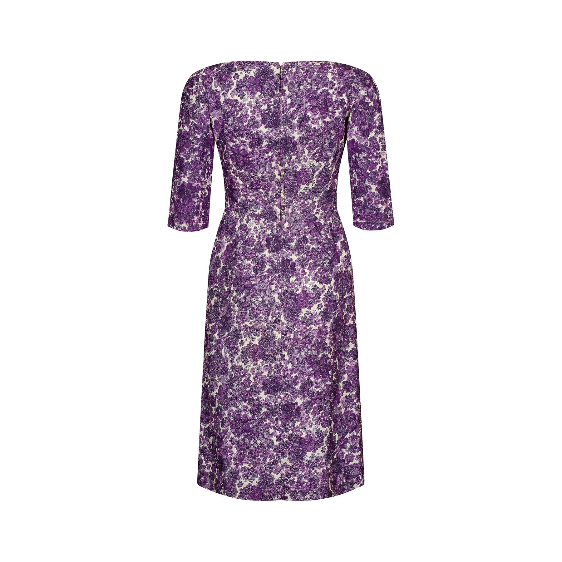Gray 1960s Cresta Couture Purple Floral Print Dress For Sale