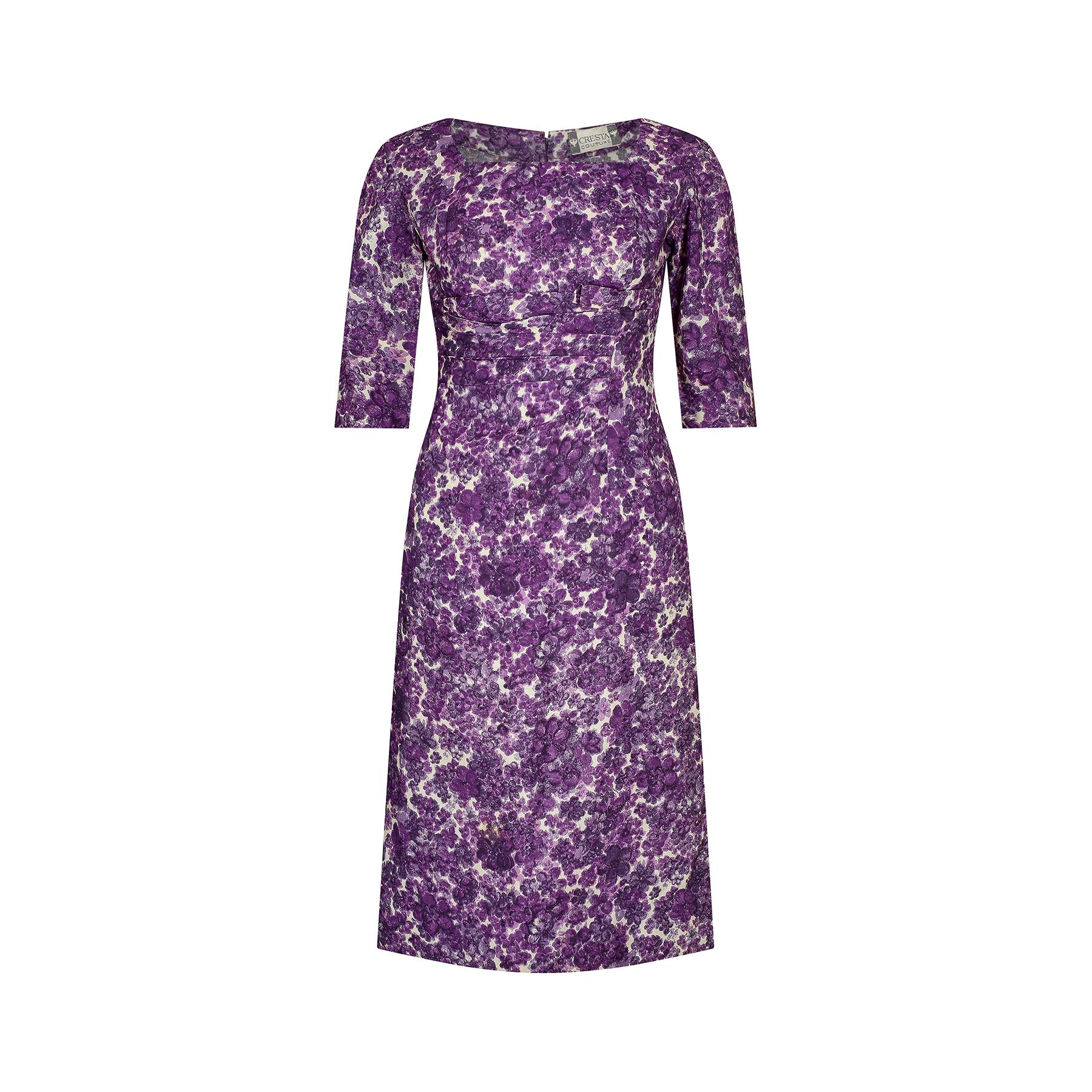 Women's 1960s Cresta Couture Purple Floral Print Dress For Sale