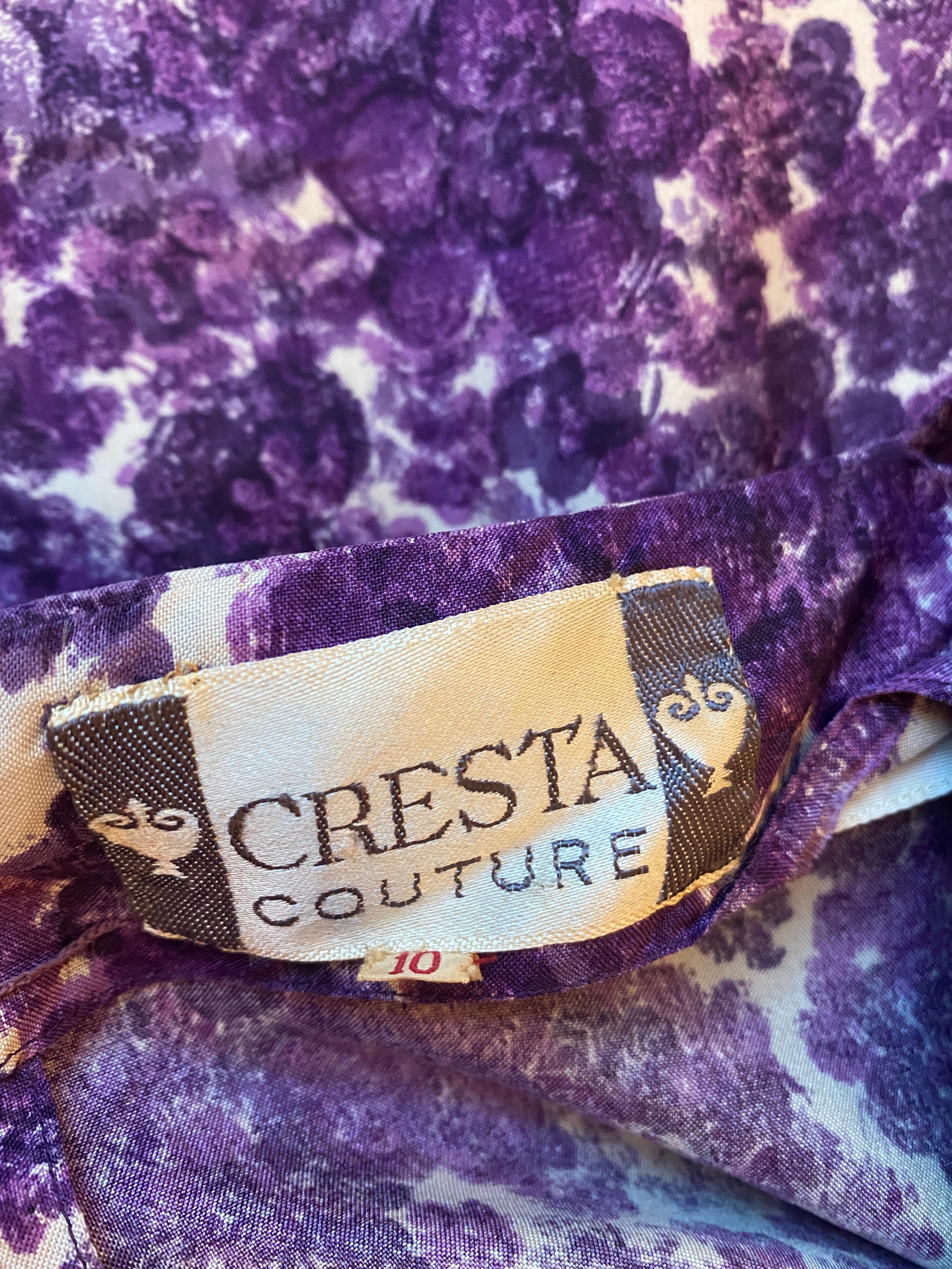1960s Cresta Couture Purple Floral Print Dress For Sale 1