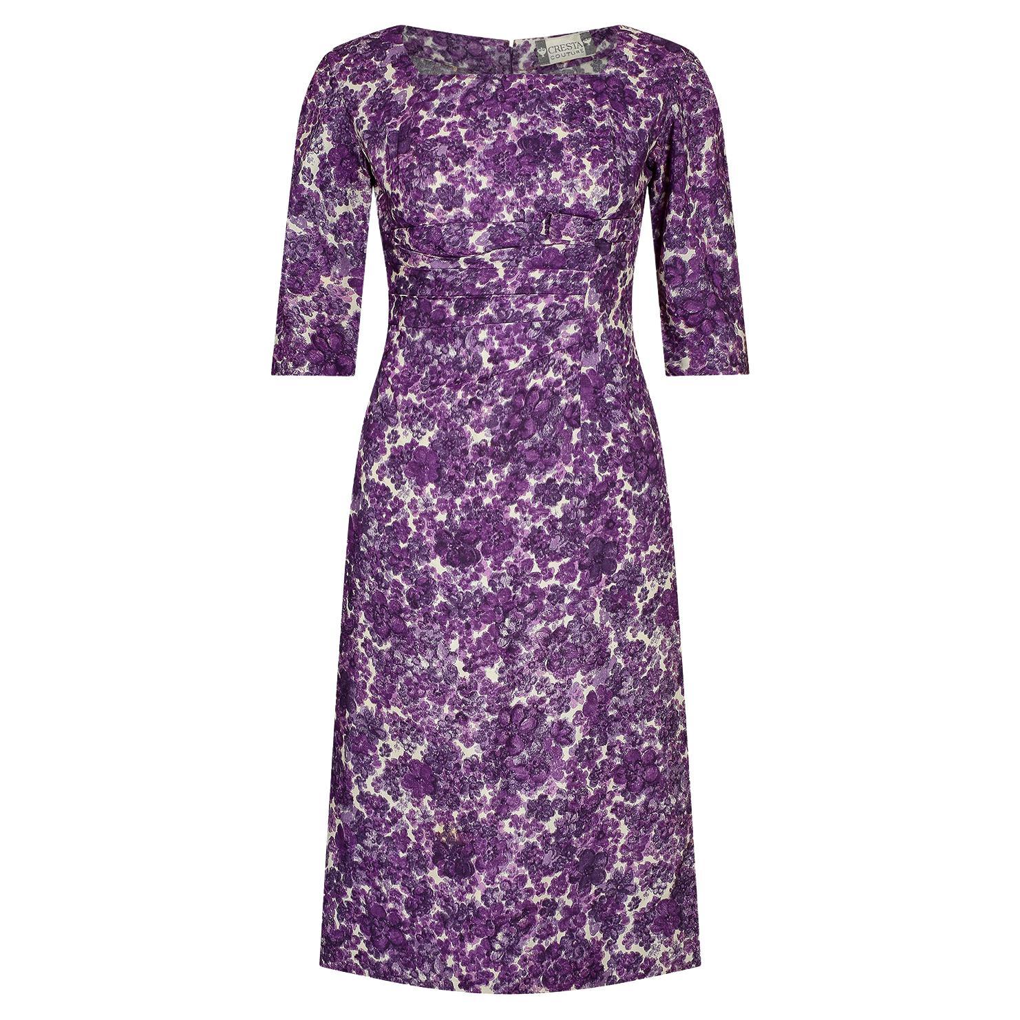 1960s Cresta Couture Purple Floral Print Dress For Sale