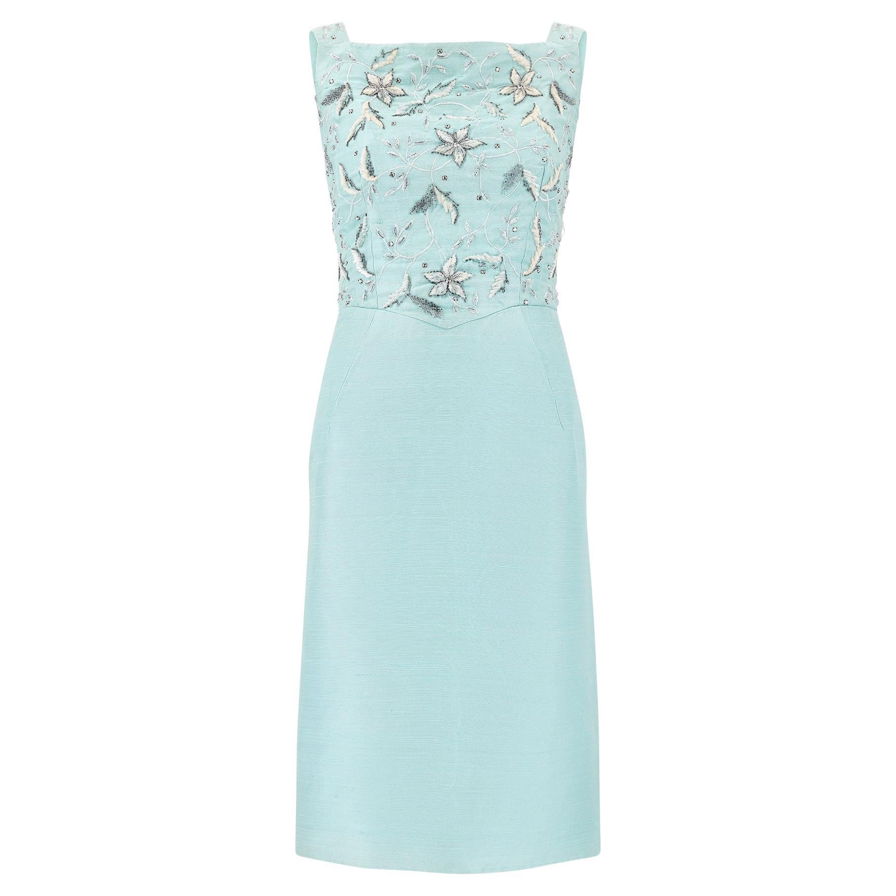 1960s Cresta Couture Turquoise Embellished Wiggle Dress