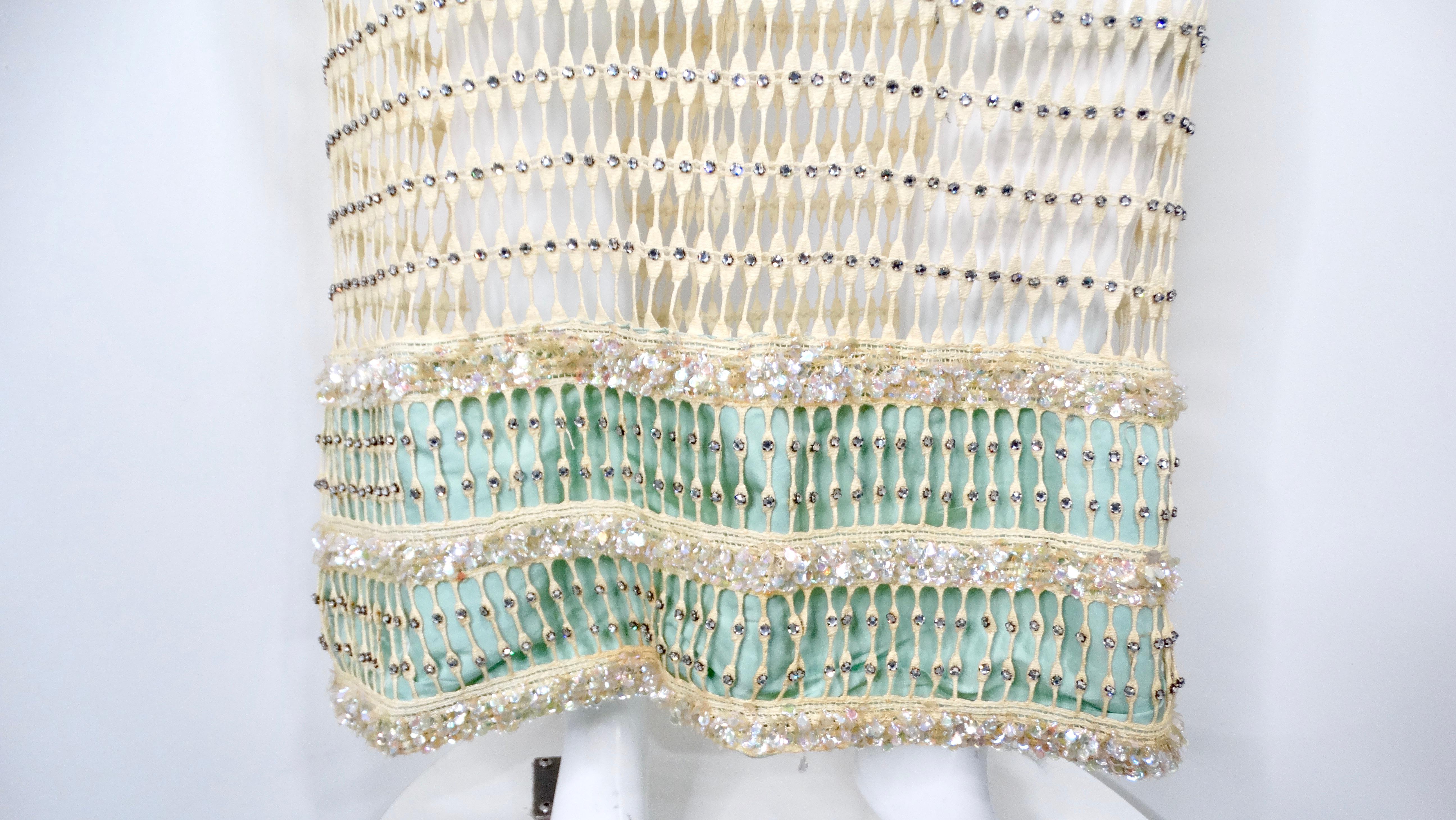 Beige 1960s Crochet Rhinestone Cream & Iridescent Long-Sleeve Maxi Dress