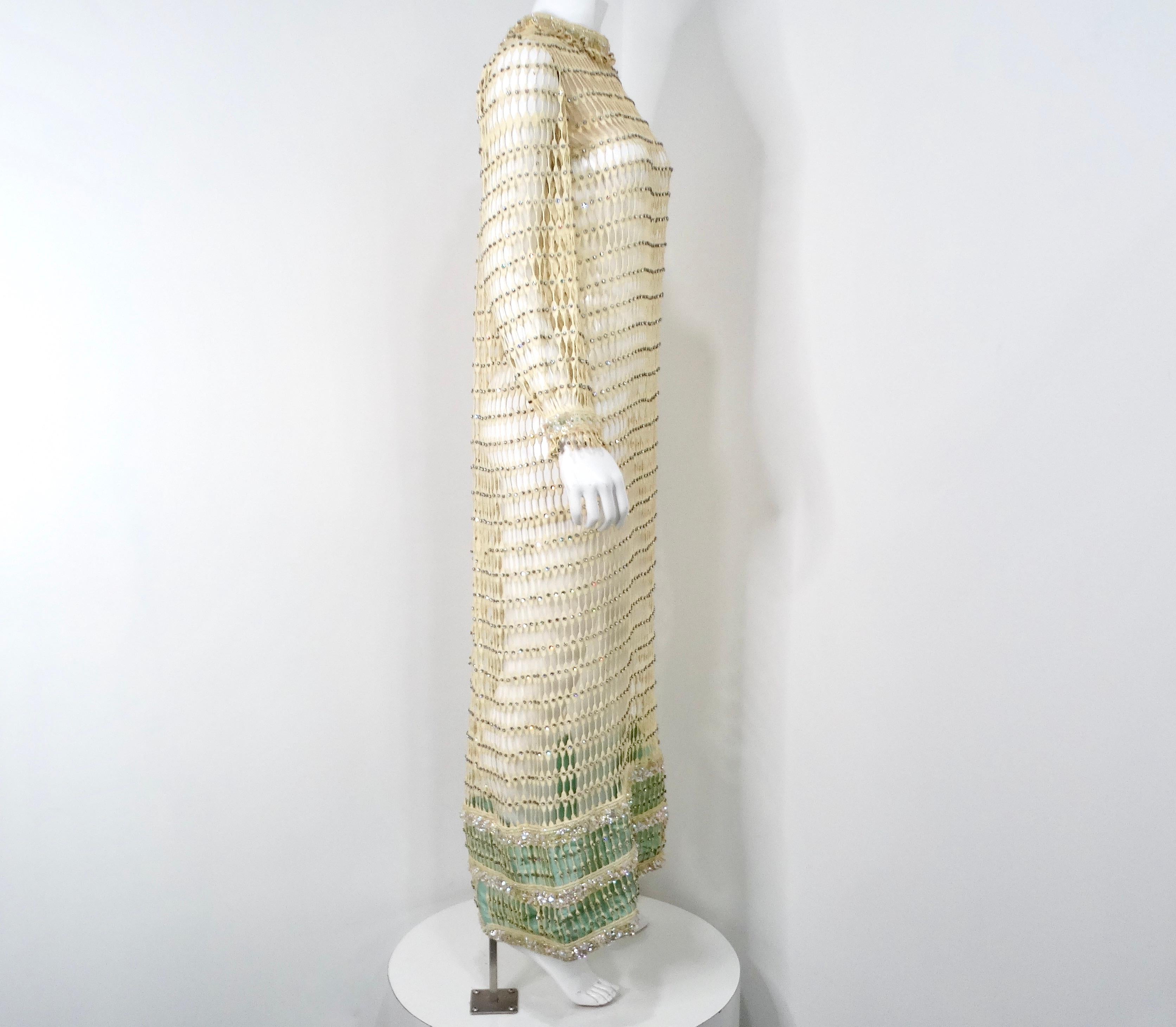 1960s Crochet Rhinestone Cream & Iridescent Long-Sleeve Maxi Dress In Good Condition In Scottsdale, AZ