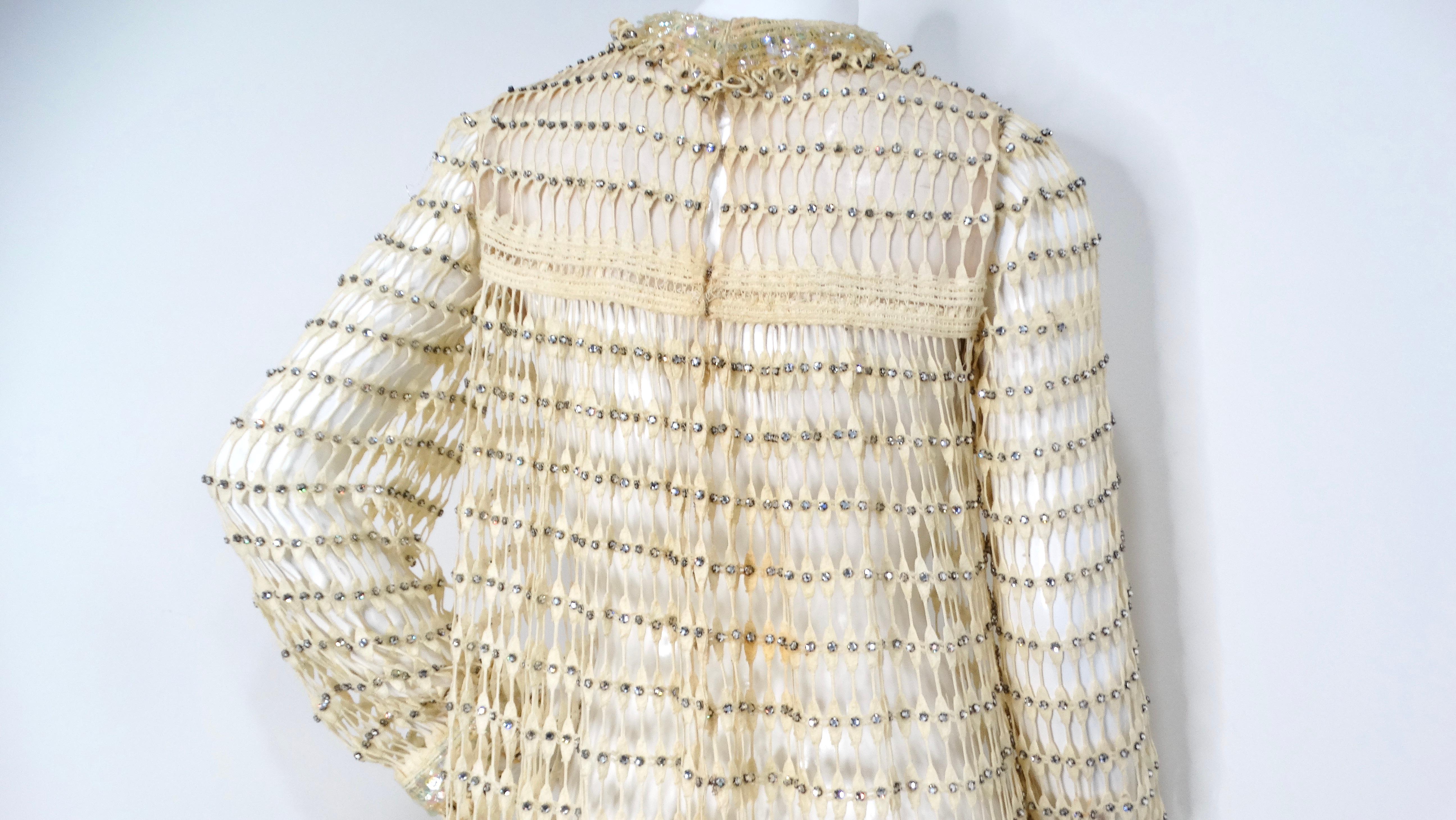 Women's 1960s Crochet Rhinestone Cream & Iridescent Long-Sleeve Maxi Dress