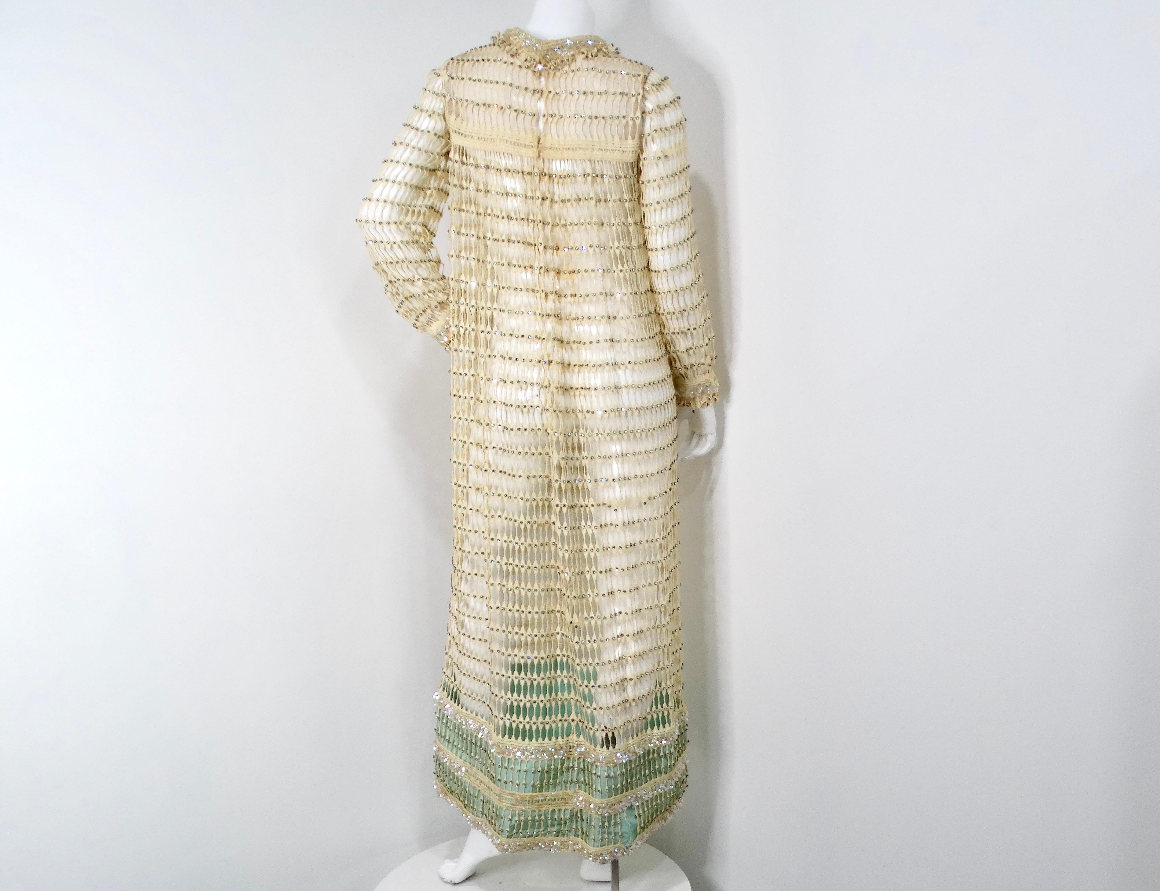 1960s Crochet Rhinestone Cream & Iridescent Long-Sleeve Maxi Dress 1