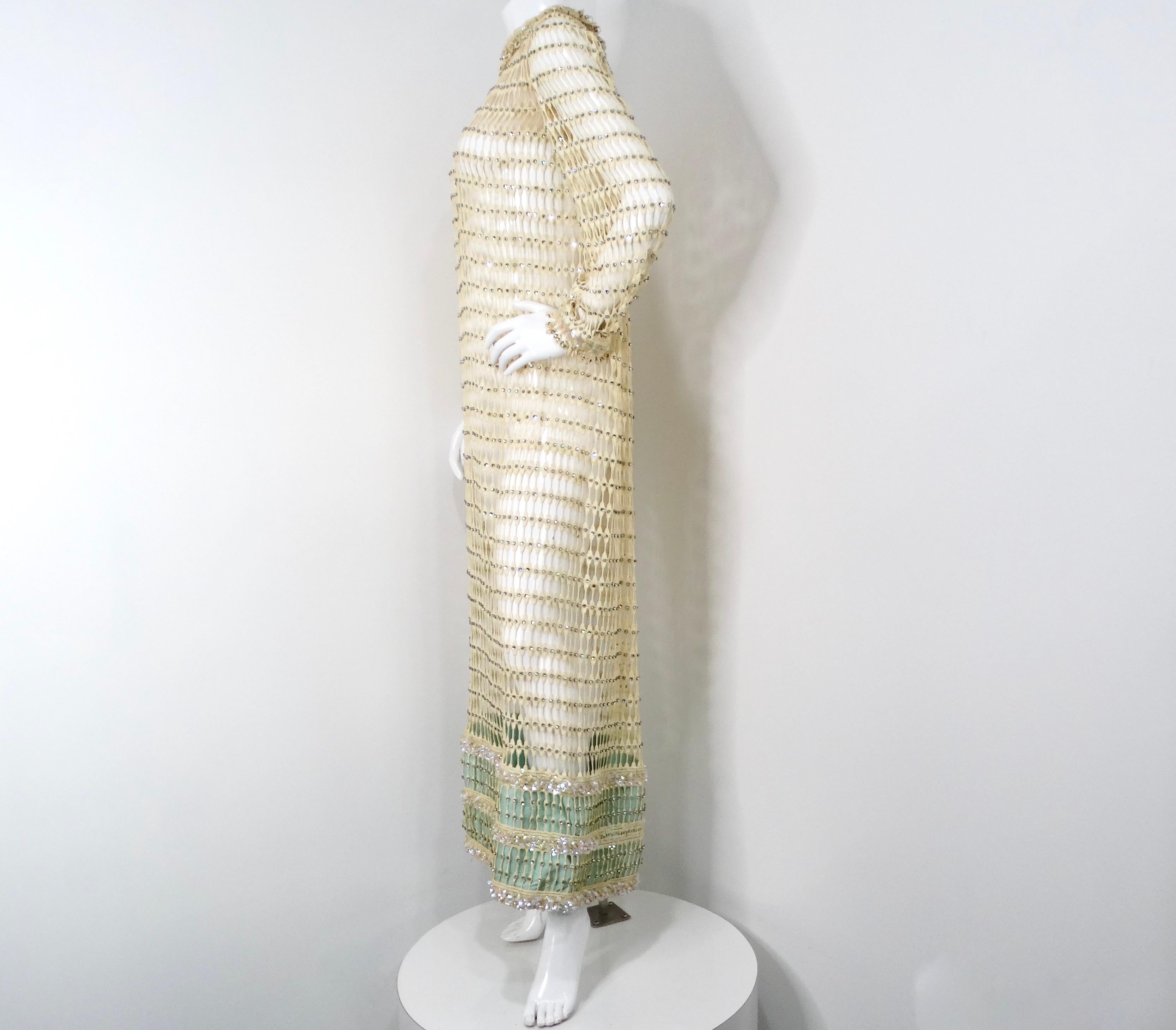 1960s Crochet Rhinestone Cream & Iridescent Long-Sleeve Maxi Dress 2