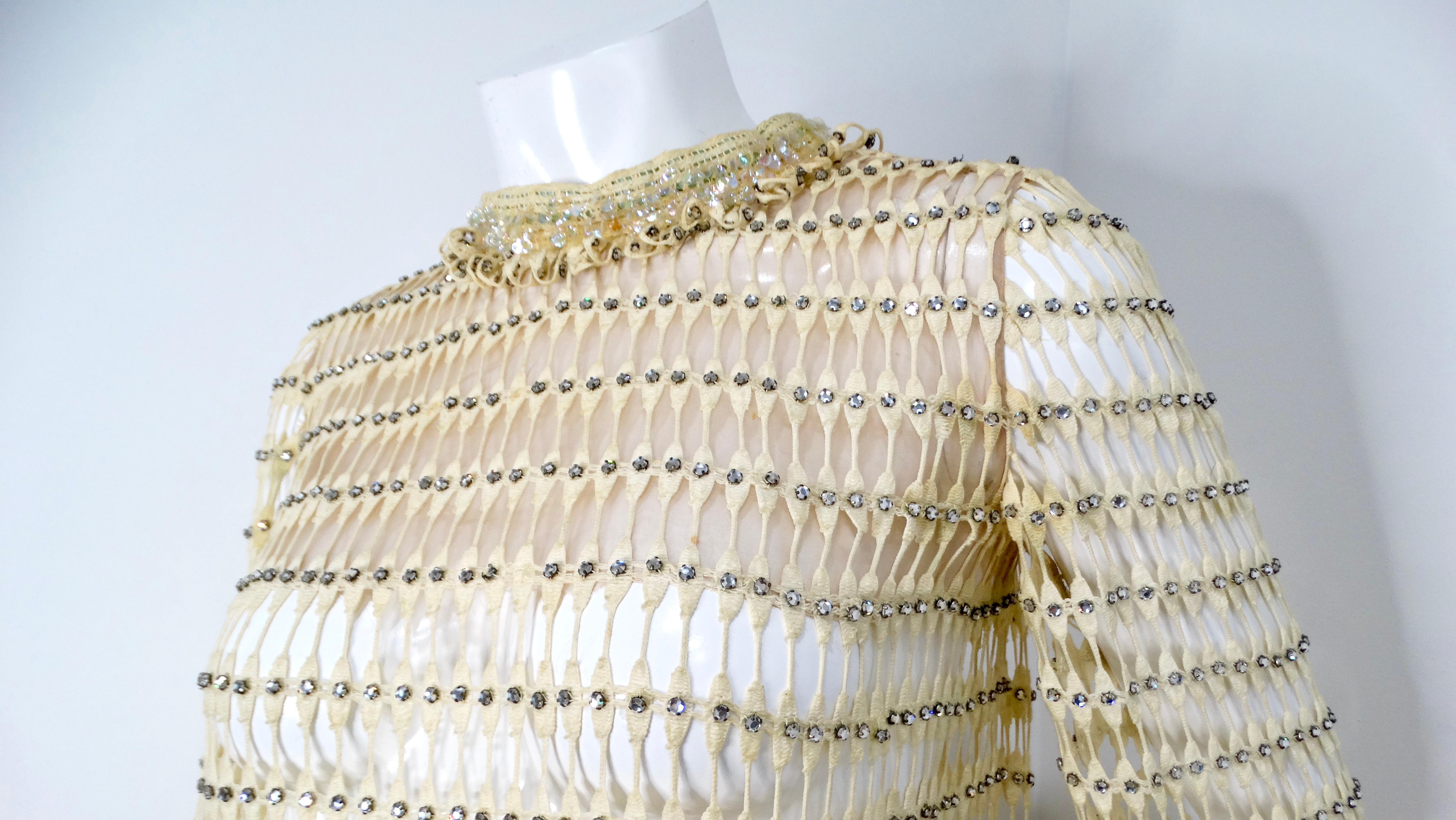 1960s Crochet Rhinestone Cream & Iridescent Long-Sleeve Maxi Dress 4