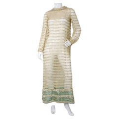 1960s Crochet Rhinestone Cream & Iridescent Long-Sleeve Maxi Dress