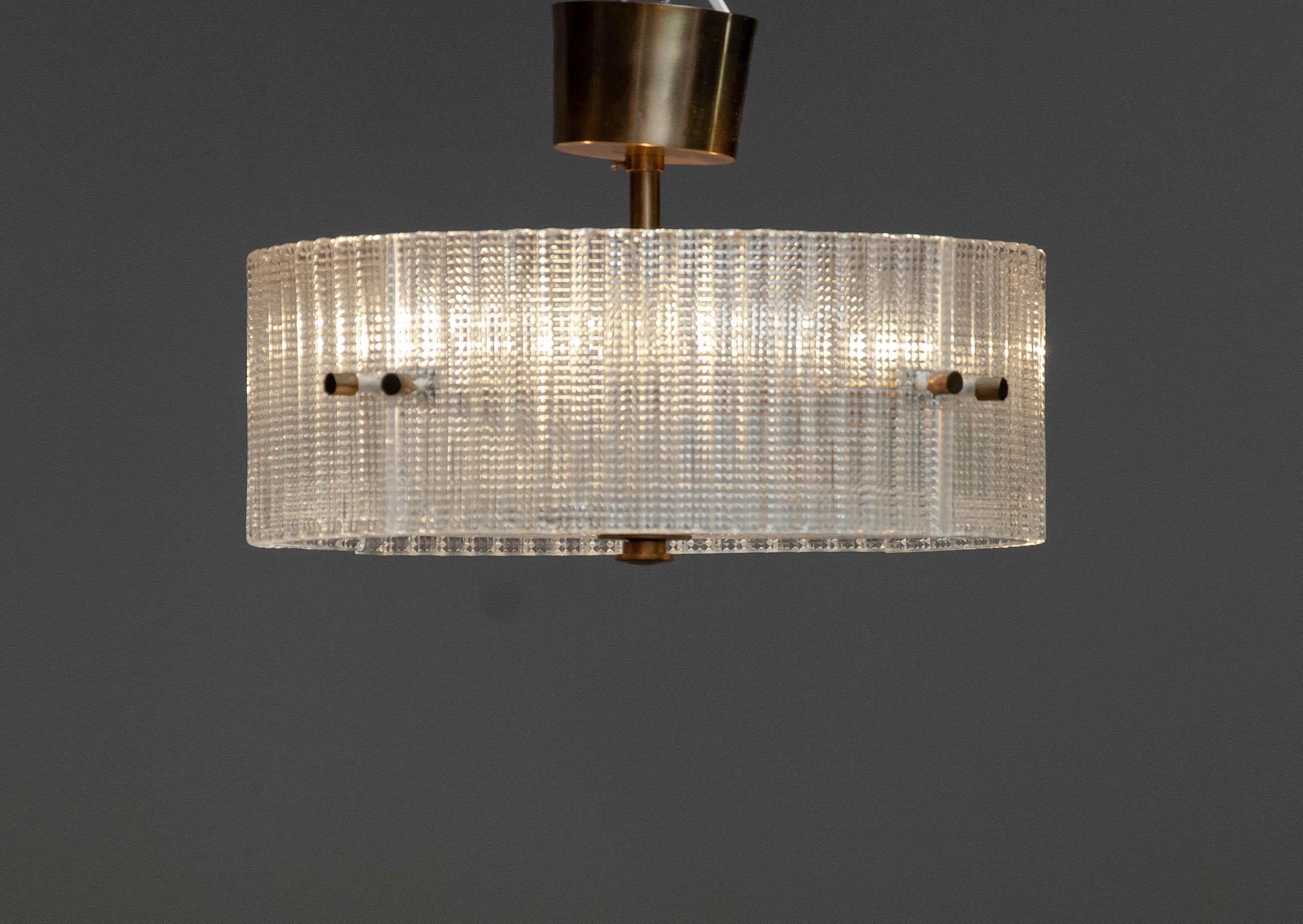 Swedish 1960s Crystal And Brass Ceiling Lamp / Flush Mount Designed By Carl Fagerlund  For Sale