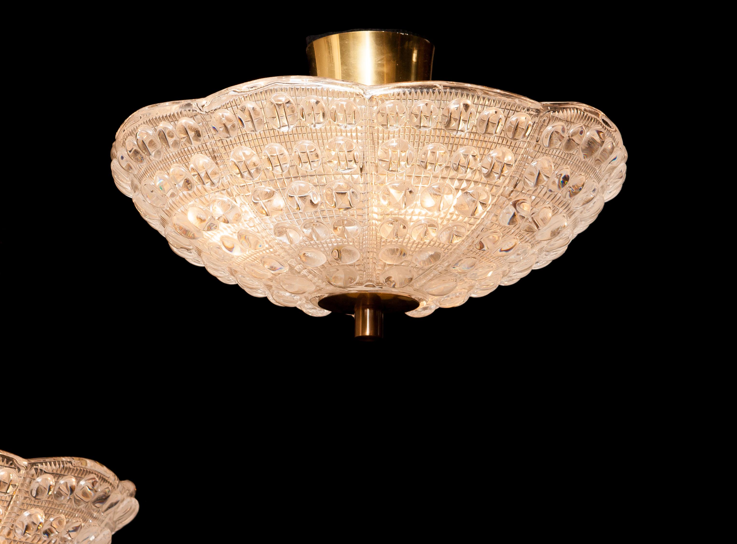 Swedish 1960s, Crystal and Brass Ceiling Light by Carl Fagerlund for Orrefors