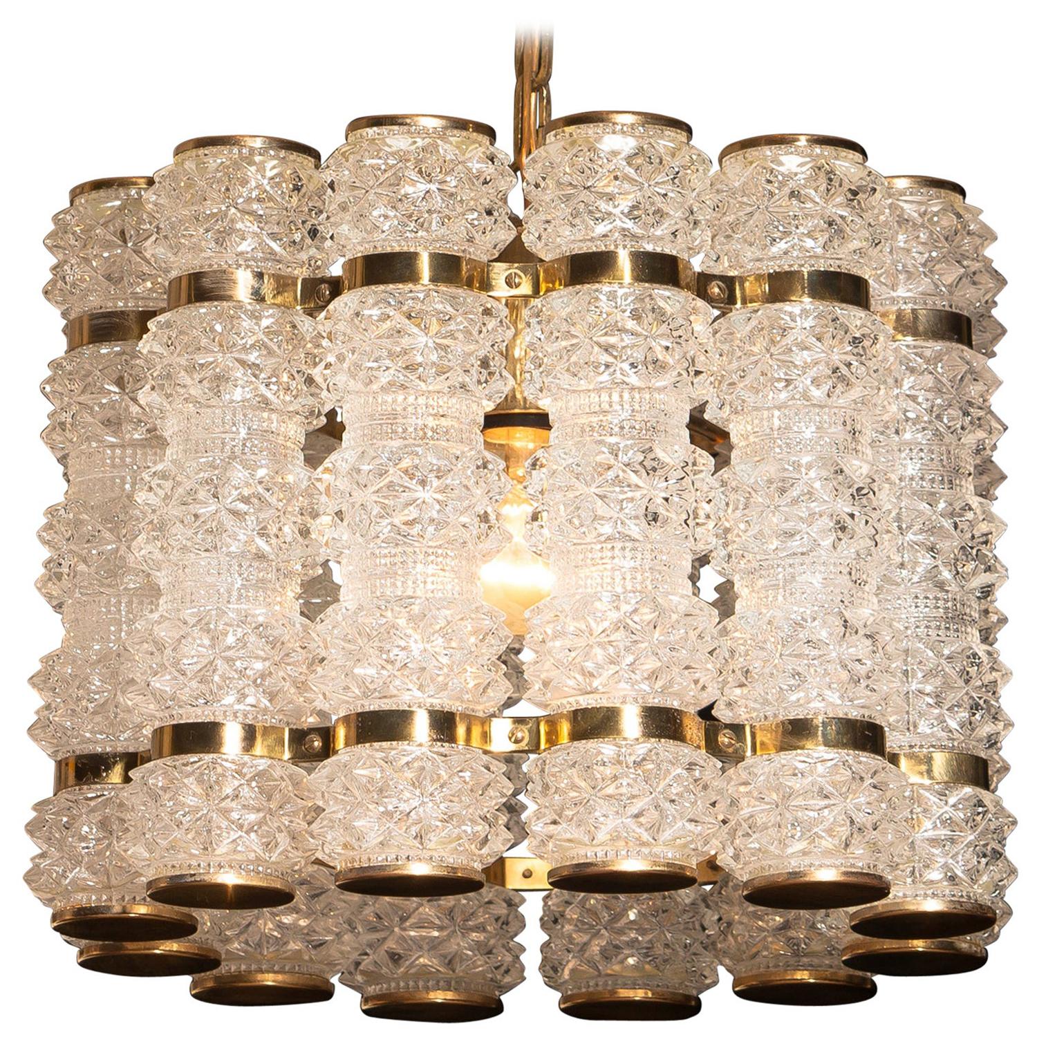 Mid-Century Modern 1960s, Crystal and Brass Cylinder Chandelier by Orrefors for Tyringe, Sweden