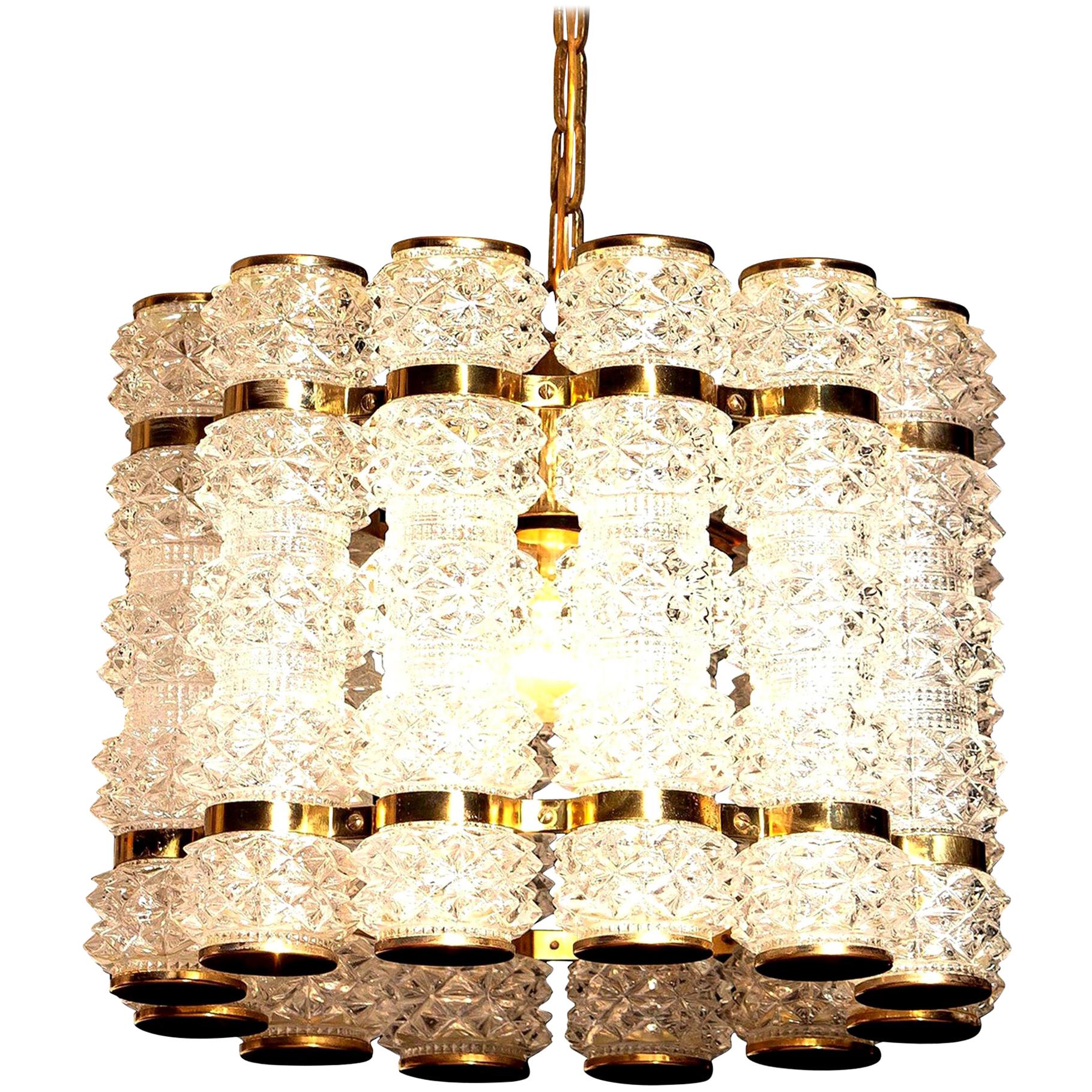 Mid-Century Modern 1960s, Crystal and Brass Cylinder Chandelier by Orrefors for Tyringe, Sweden