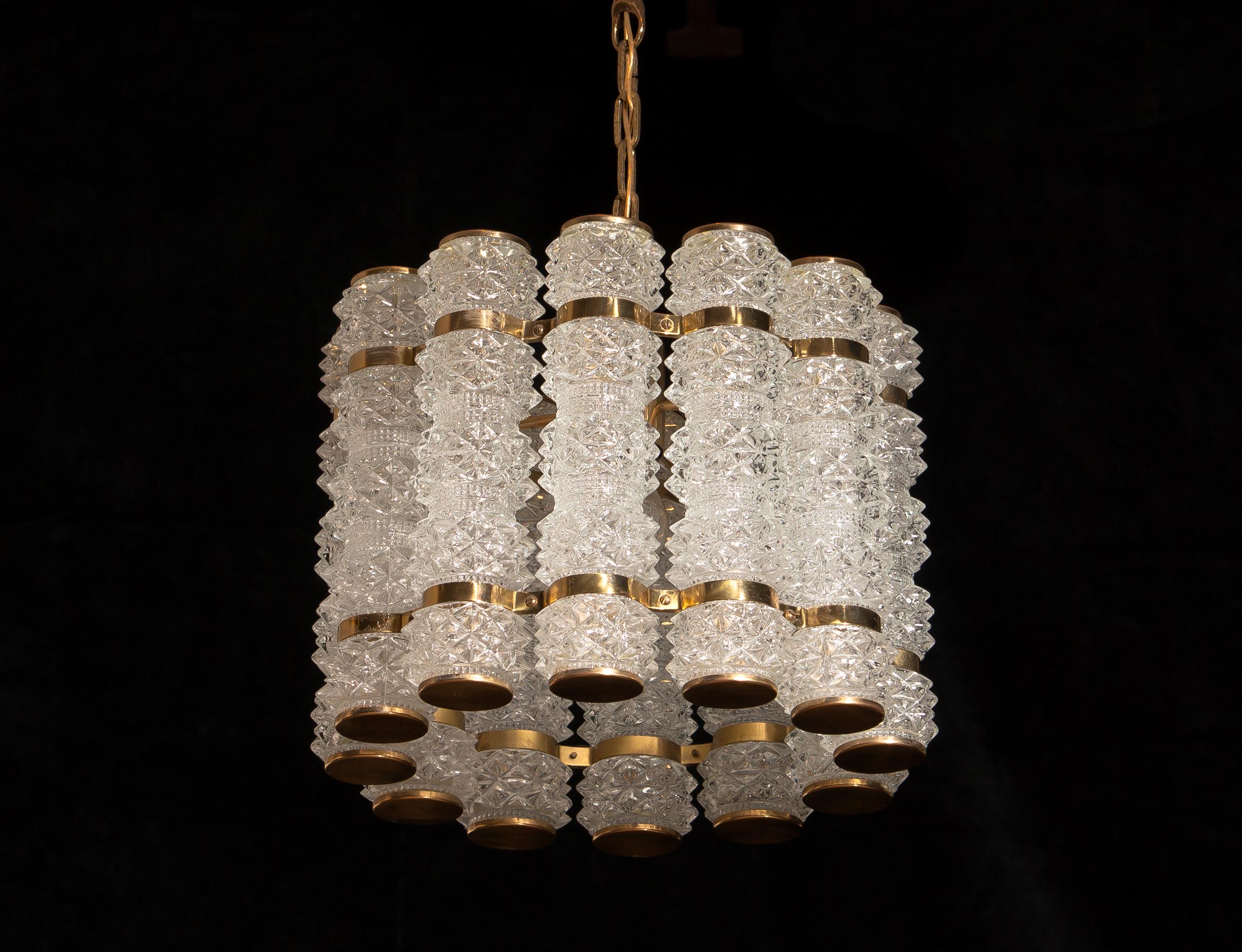 Mid-20th Century 1960s, Crystal and Brass Cylinder Chandelier by Orrefors for Tyringe, Sweden For Sale