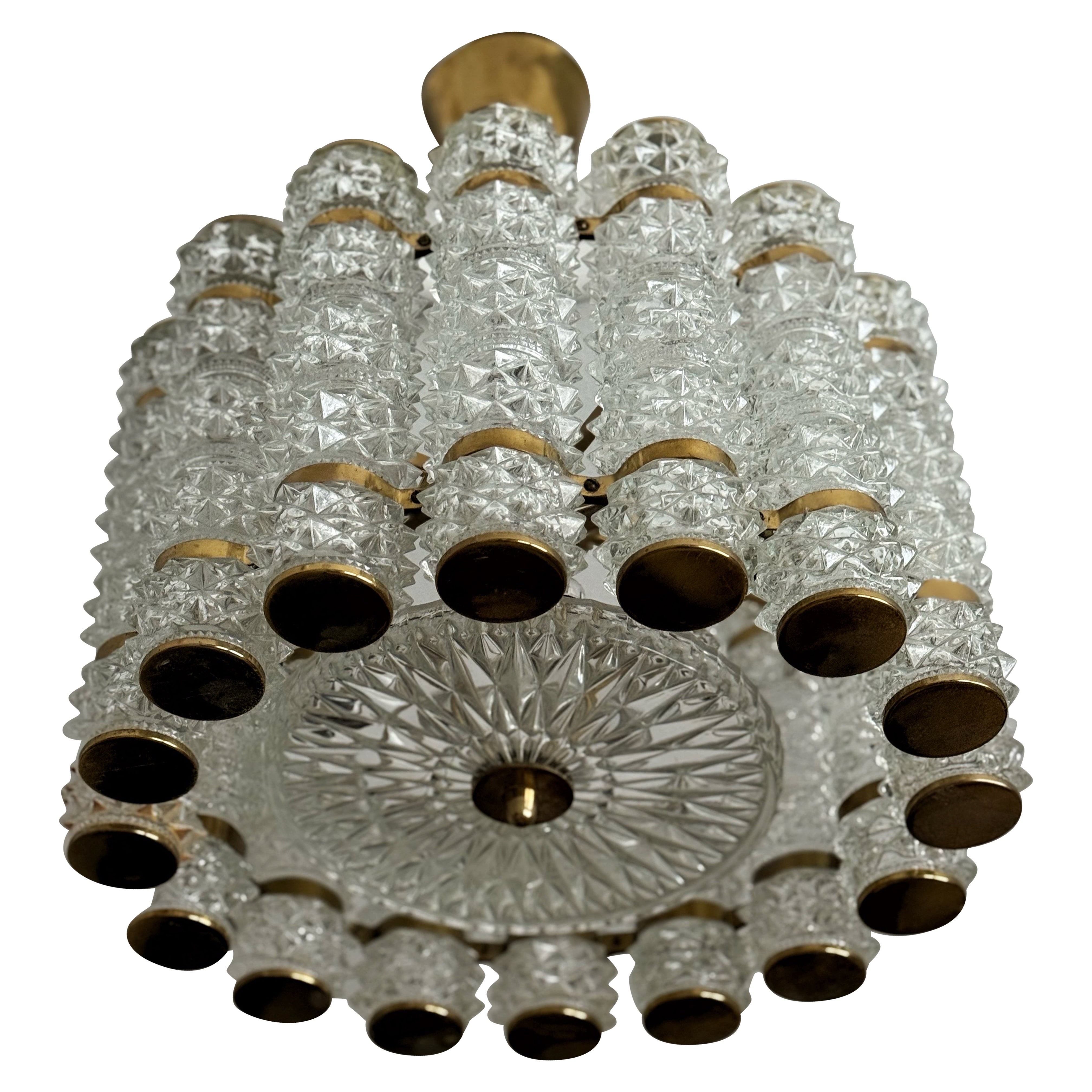 1960s, Crystal and Brass Cylinder Chandelier by Orrefors for Tyringe, Sweden.